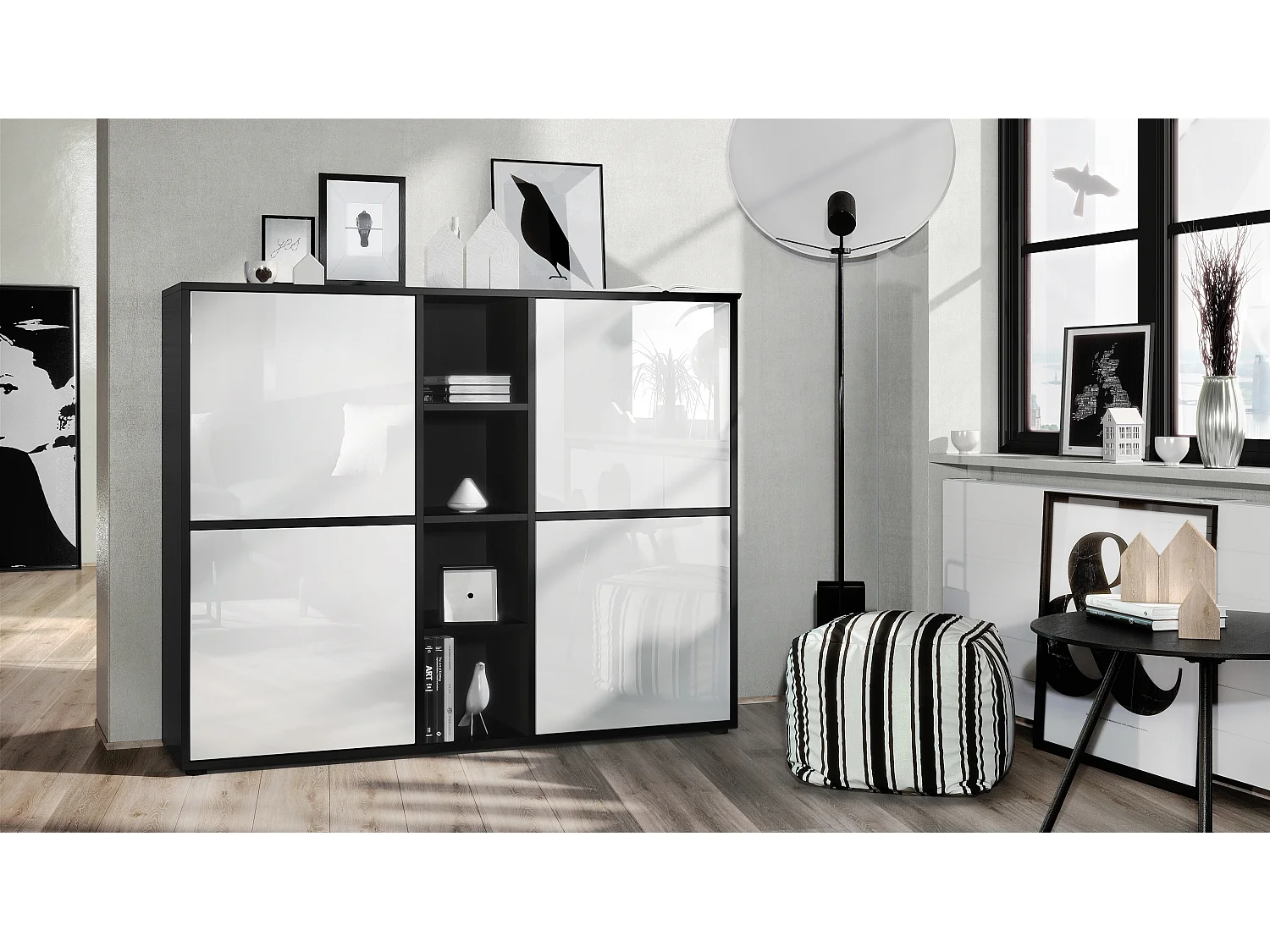 Vladon Credenza Cuba V3, nero opaco/bianco lucido - Credenza moderna con 12 scomparti (130,5 x 105,5 x 35,5 cm)