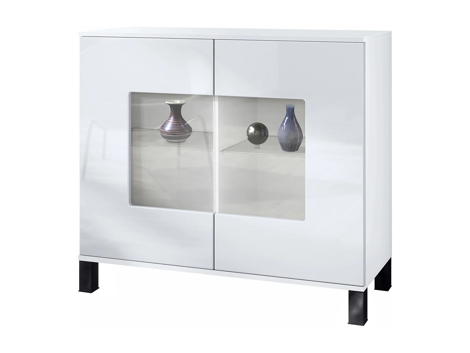 Cómoda Grömitz V3, Moderno armario de cocina con 2 grandes puertas de cristal blanco mate / blanco de alto brillo (92,5 x 84.5 x 35)