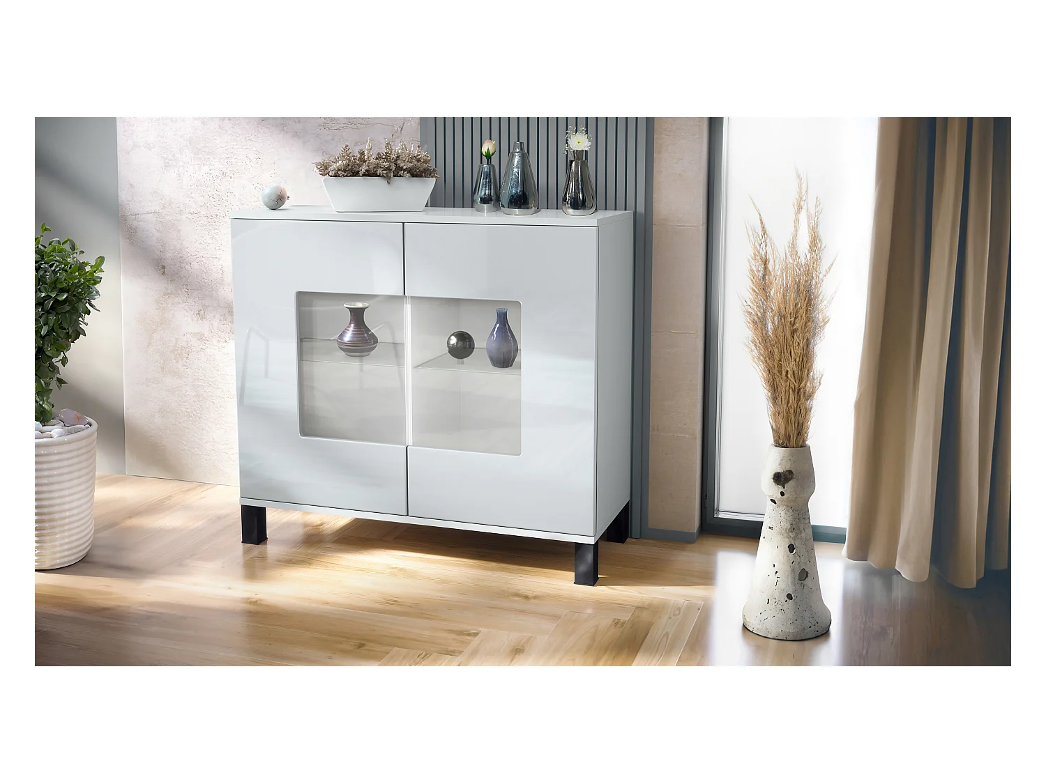 Cómoda Grömitz V3, Moderno armario de cocina con 2 grandes puertas de cristal blanco mate / blanco de alto brillo (92,5 x 84.5 x 35)