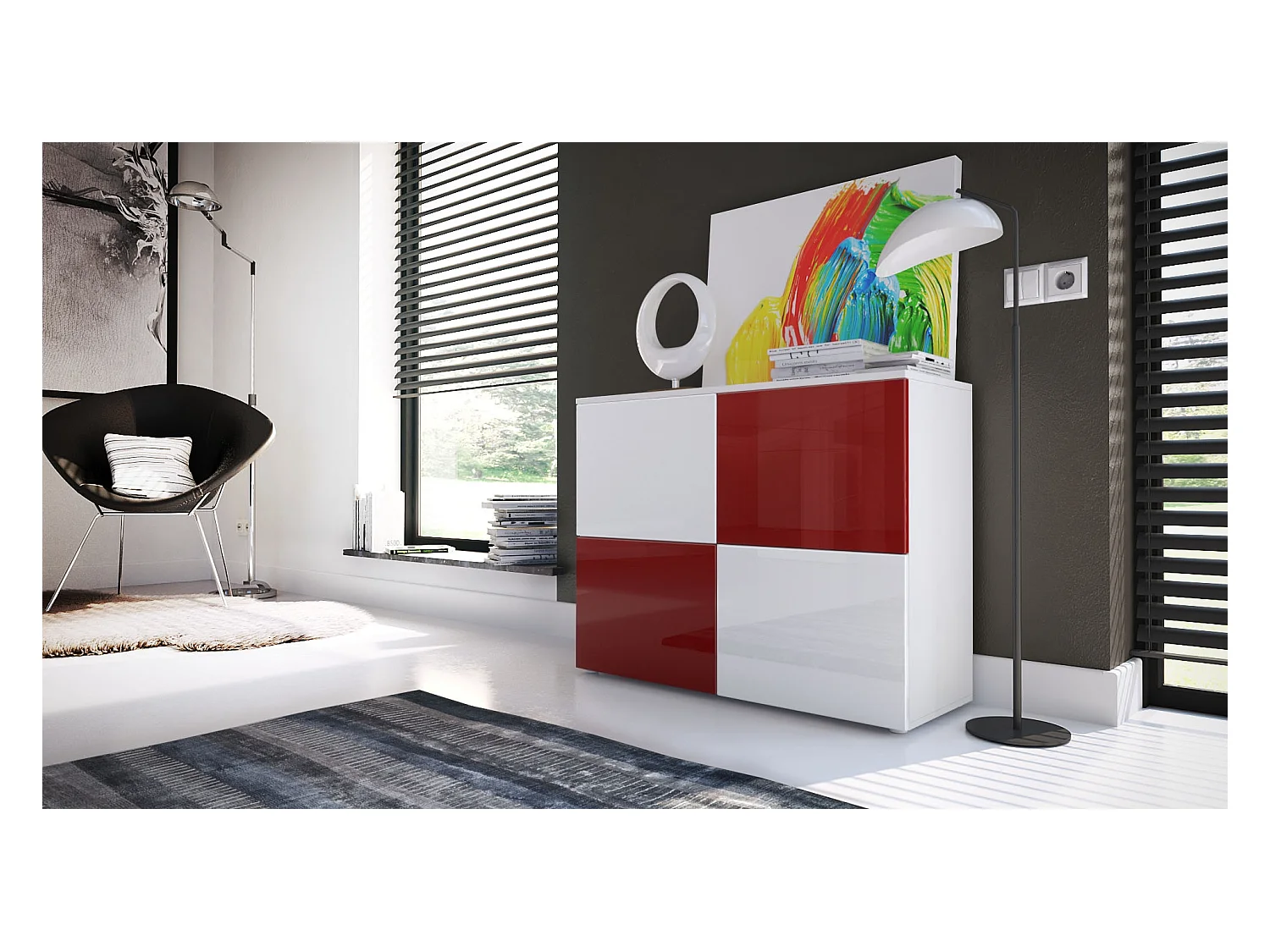 KOMMODE Rova Weiß Hochglanz / Bordeaux Hochglanz
