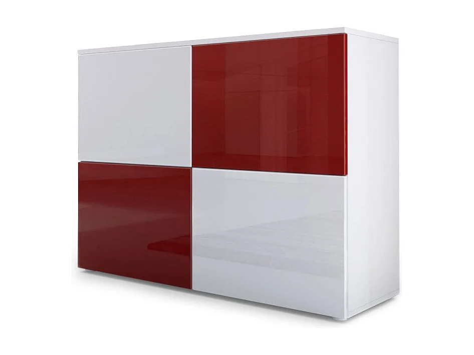 Buffet Rova, Commode avec 4 portes, Blanc mat/Blanc haute brillance/Bordeaux haute brillance (92 x 72 x 35 cm)