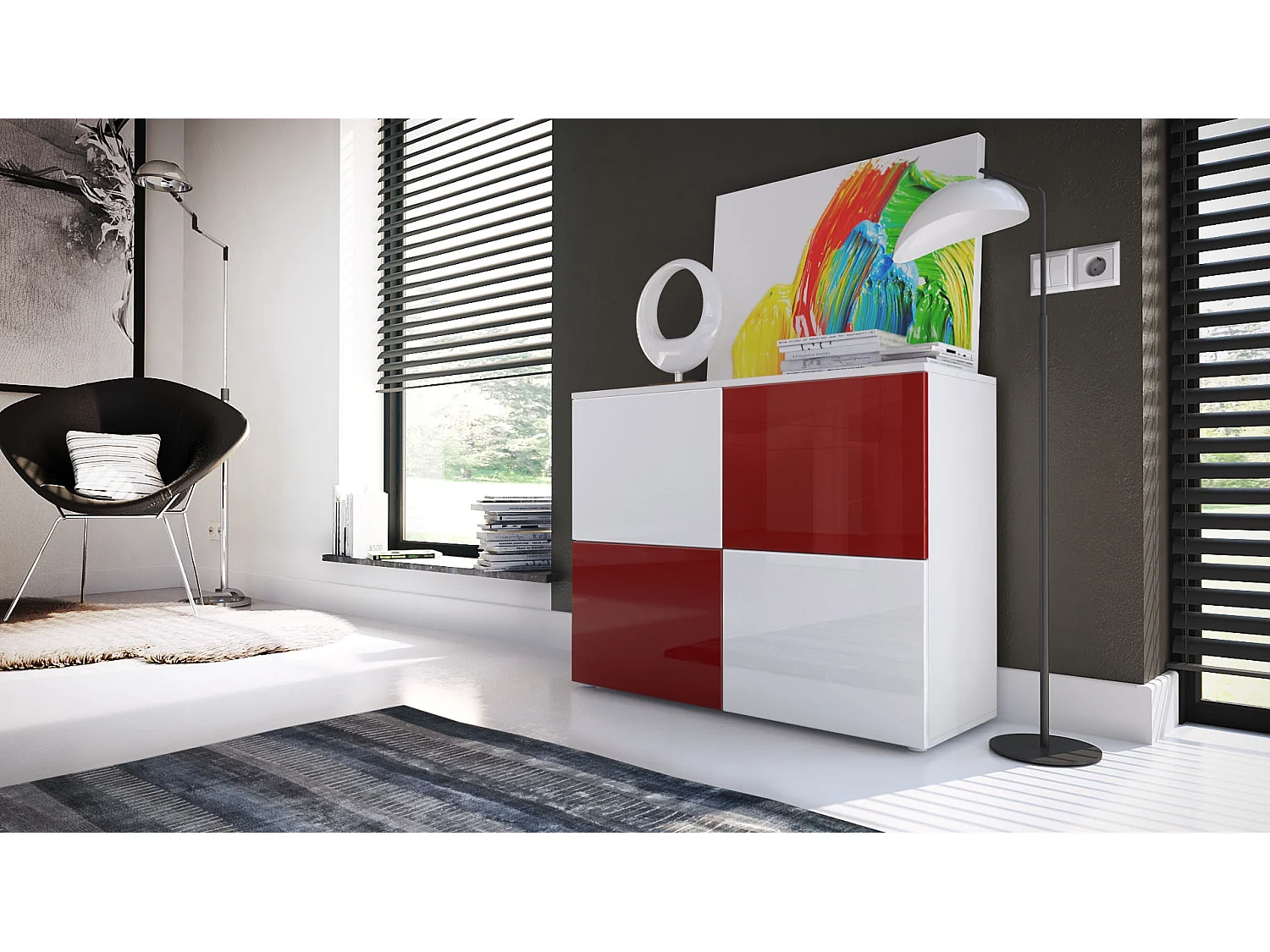 Buffet Rova, Commode avec 4 portes, Blanc mat/Blanc haute brillance/Bordeaux haute brillance (92 x 72 x 35 cm)