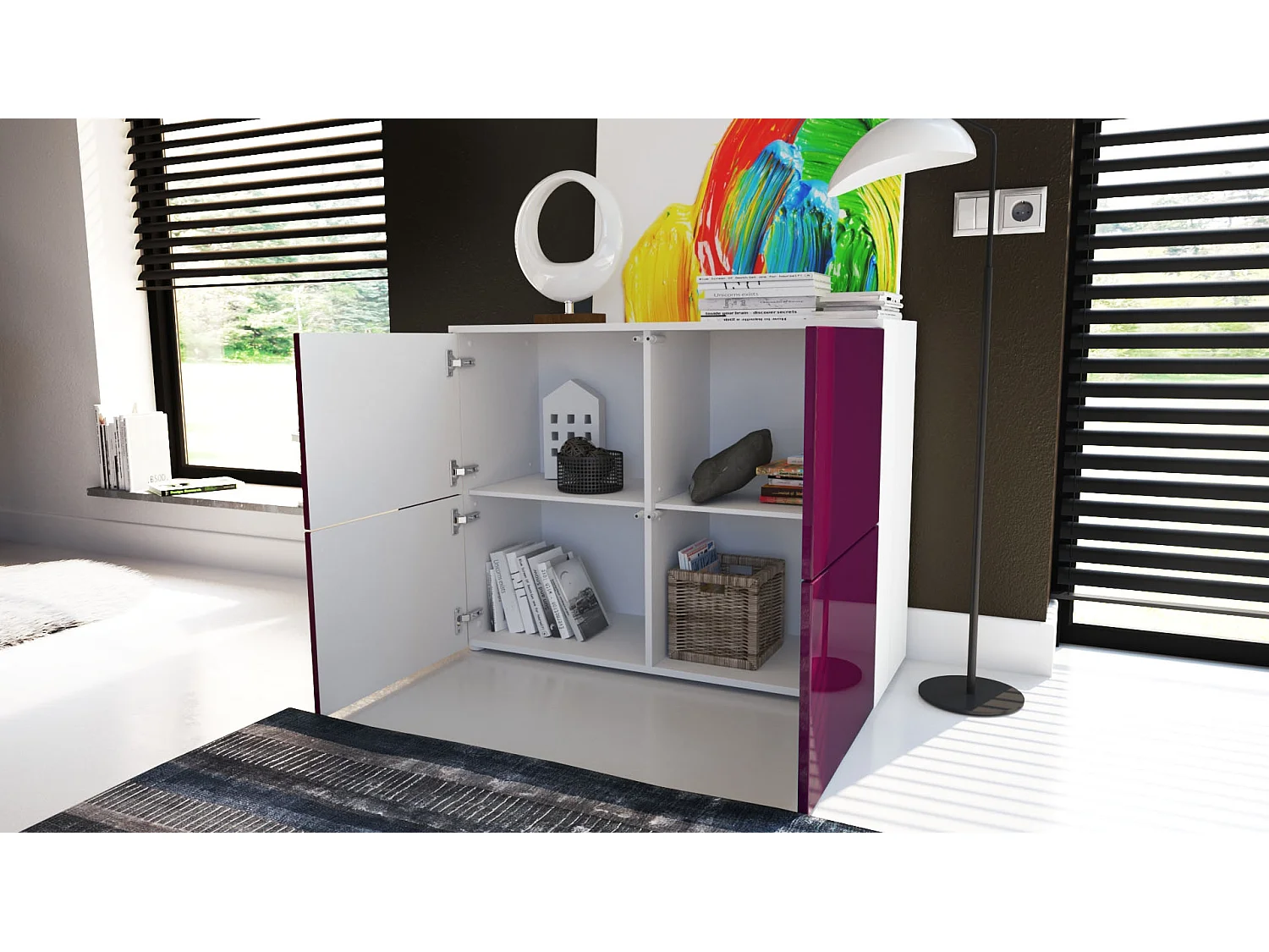 Buffet Rova, Commode avec 4 portes, Blanc mat/Blanc haute brillance/Bordeaux haute brillance (92 x 72 x 35 cm)