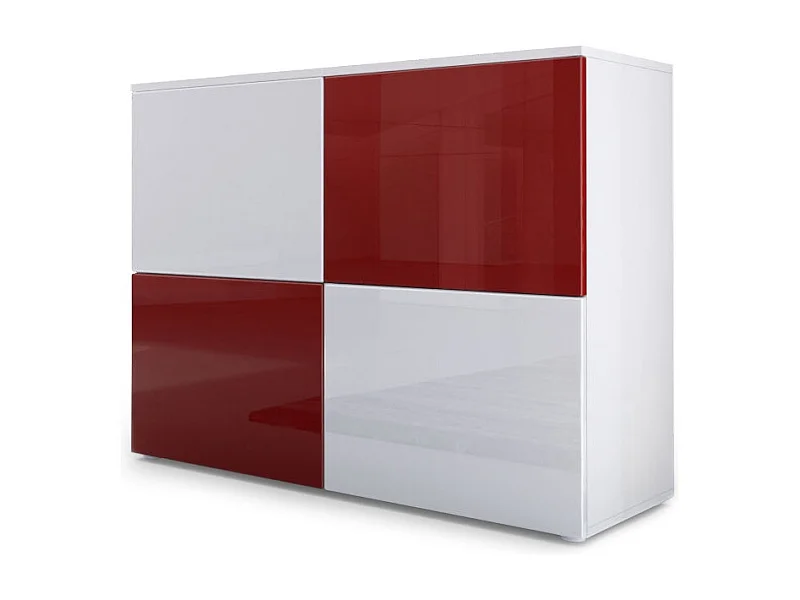 Buffet Rova, Commode avec 4 portes, Blanc mat/Blanc haute brillance/Bordeaux haute brillance (92 x 72 x 35 cm)