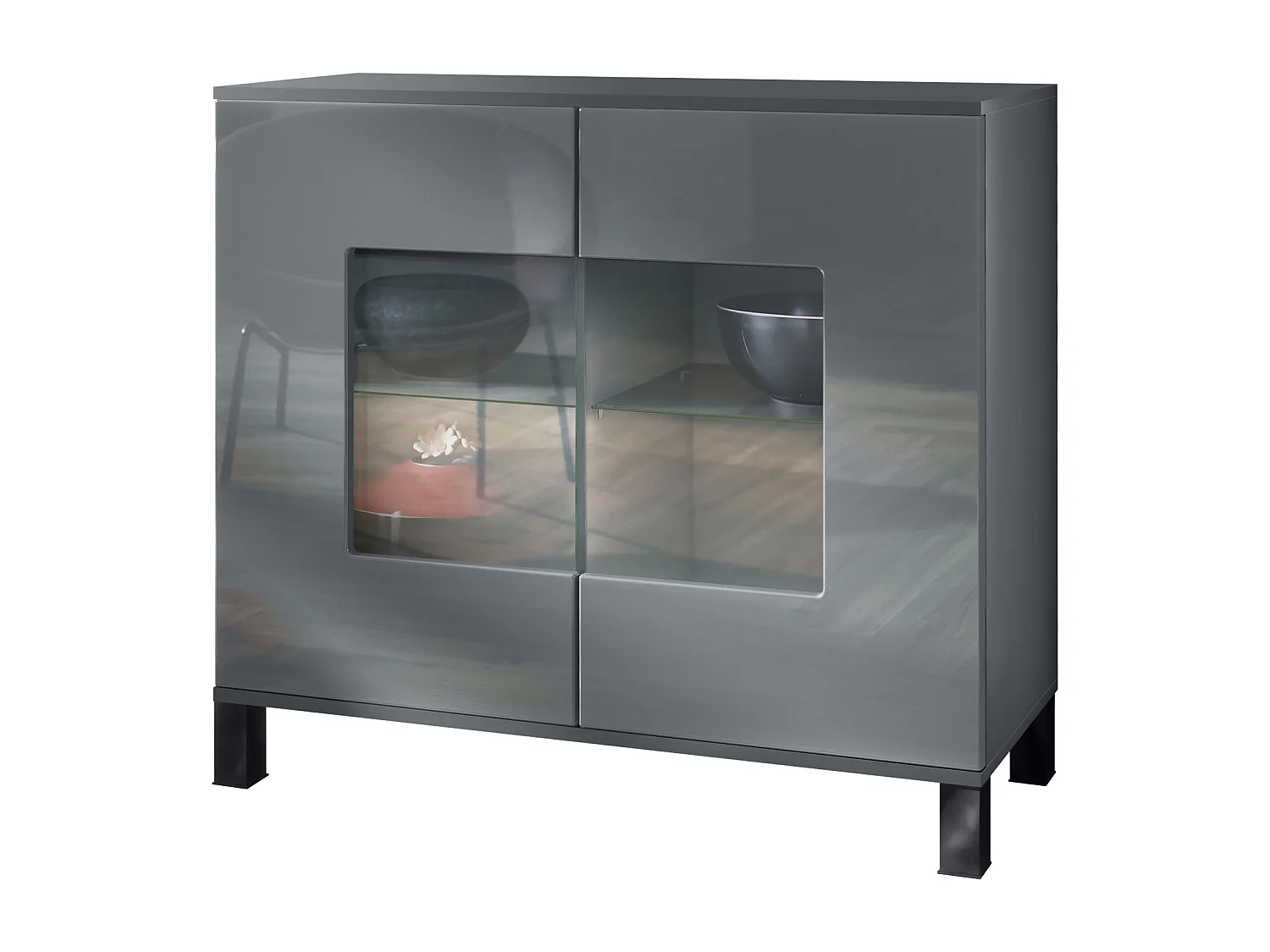 Commode Grömitz V3, Armoire de cuisine moderne avec 2 grandes portes vitrées anthracite mat / gris haute brillance (92,5 x 84.5 x 35)