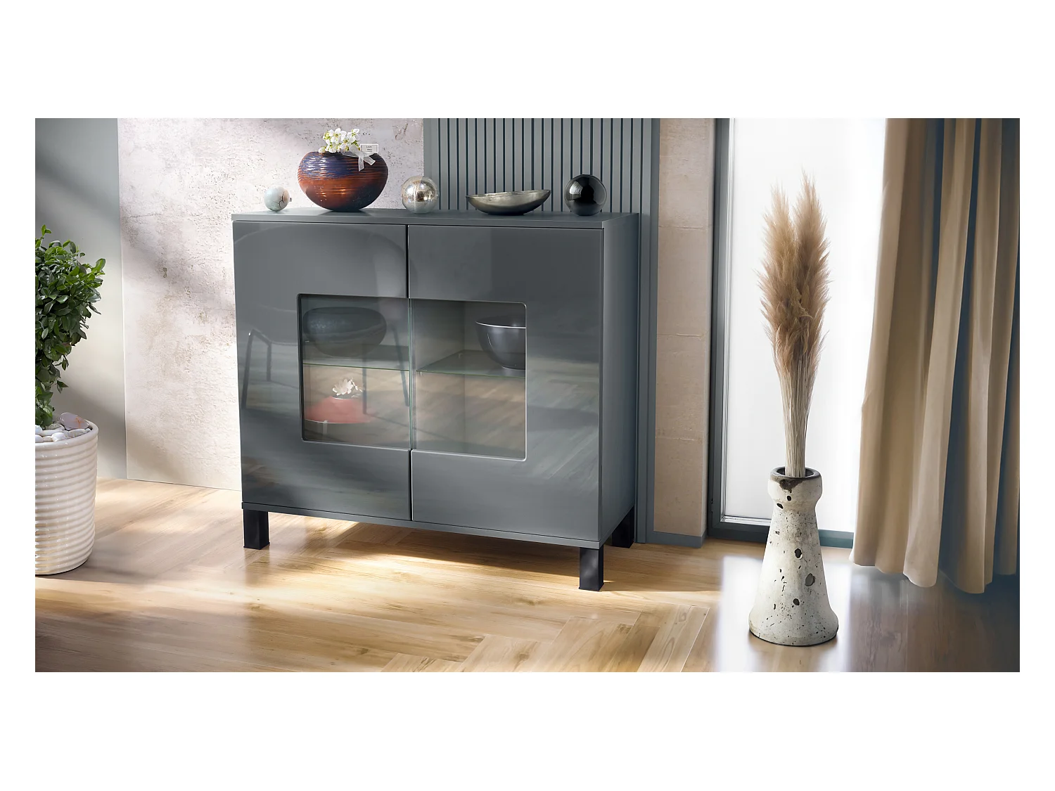 Commode Grömitz V3, Armoire de cuisine moderne avec 2 grandes portes vitrées anthracite mat / gris haute brillance (92,5 x 84.5 x 35)