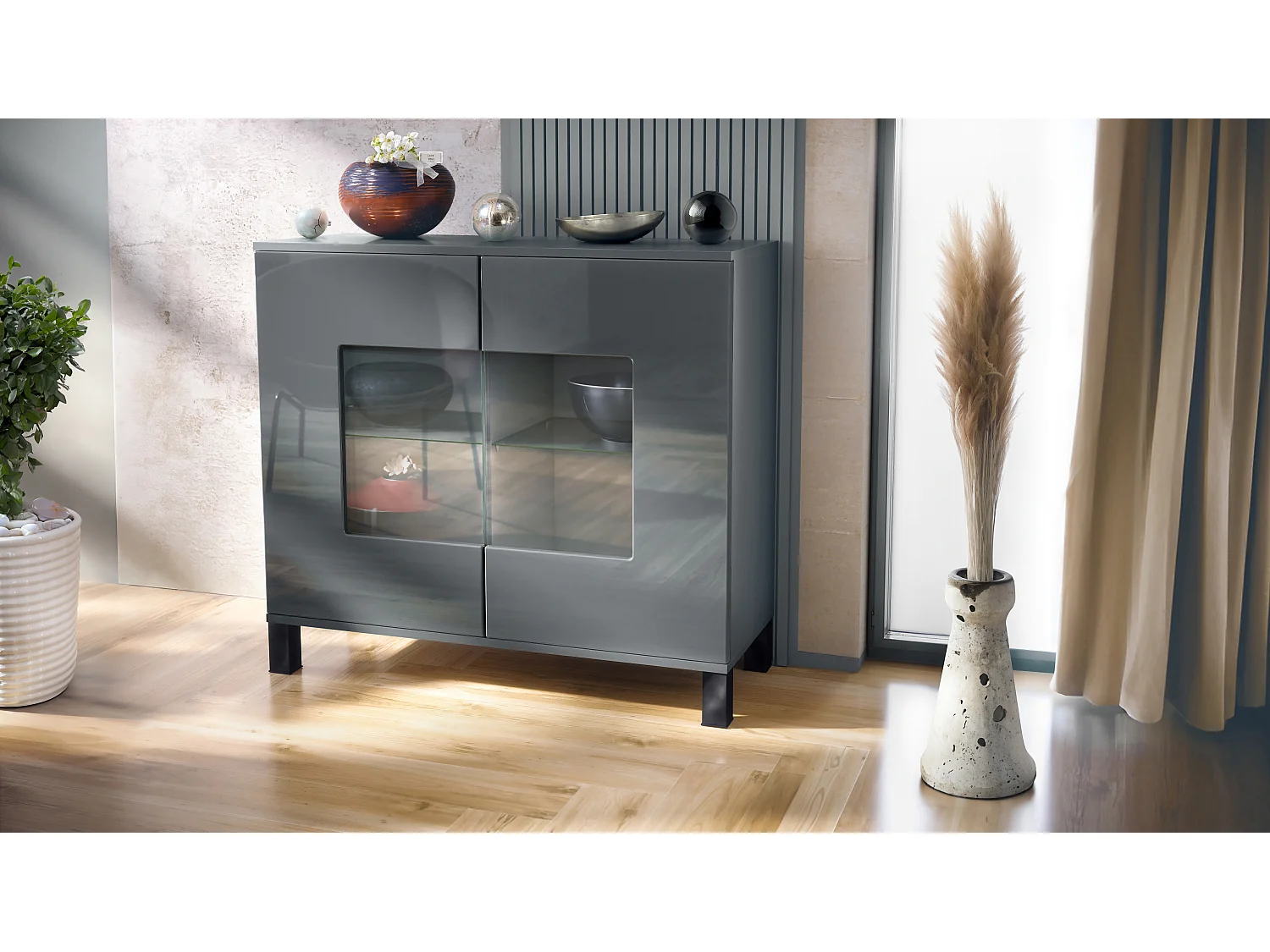 Commode Grömitz V3, Armoire de cuisine moderne avec 2 grandes portes vitrées anthracite mat / gris haute brillance (92,5 x 84.5 x 35)