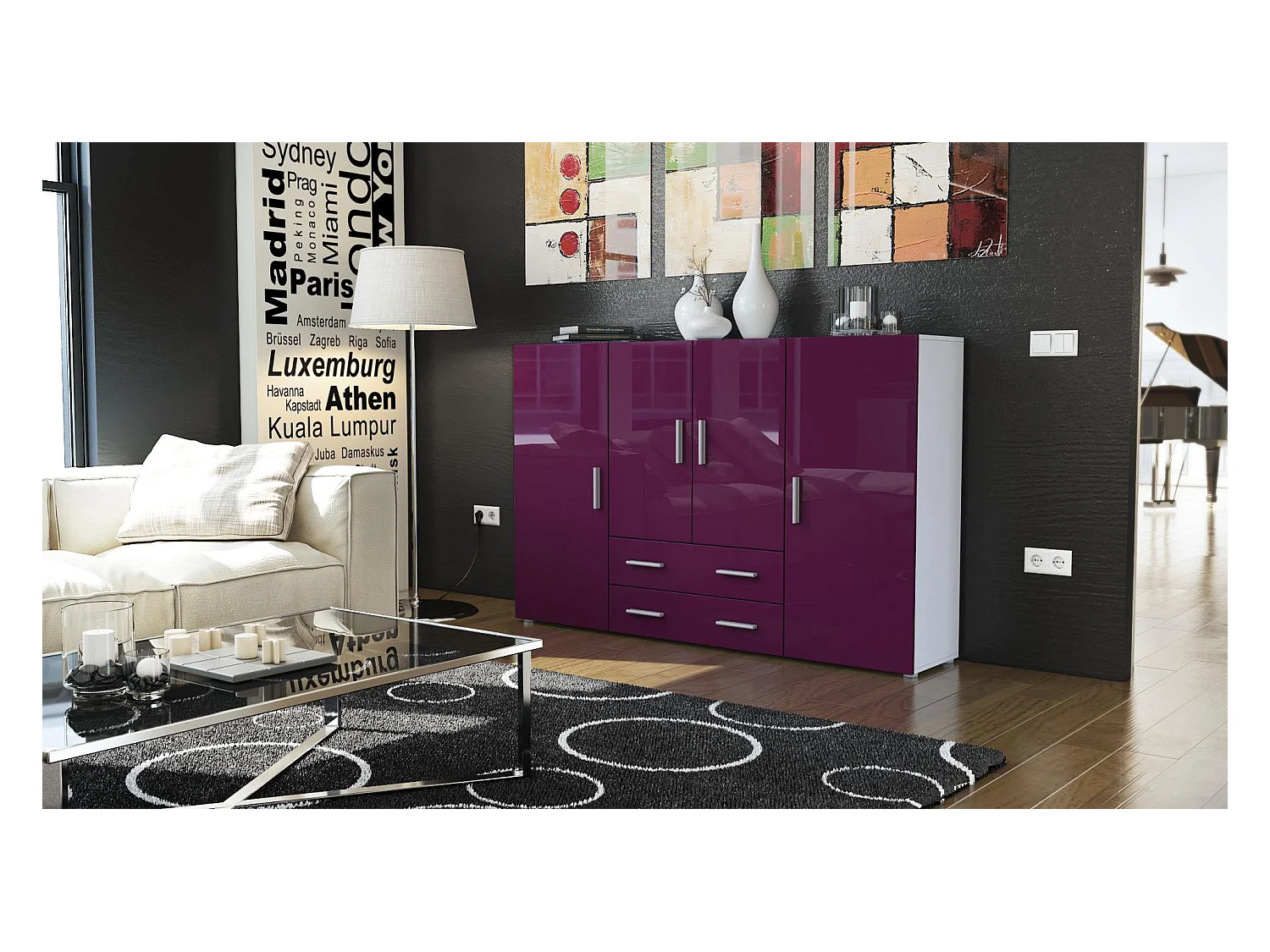 Le Buffet Haut Nora bahut avec 2 tiroirs et 4 portes avec un total de 8 compartiments derrière, blanc mat/mûre haute brillance (166,5 x 106,5 x 35 cm)