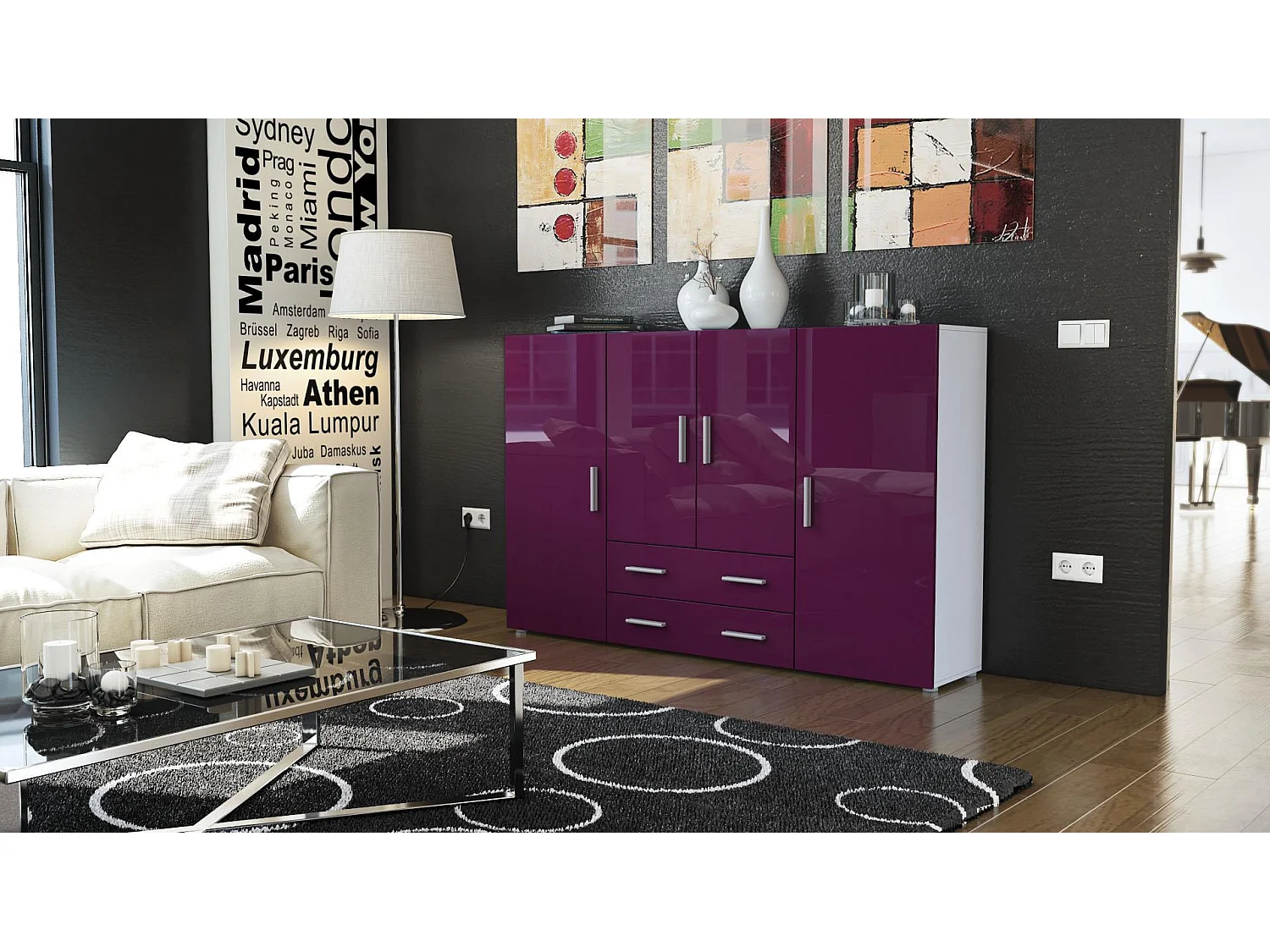 Highboard Nora Sideboard with 2 drawers and 4 doors with a total of 8 compartments behind, bianco opaco/violetto porpora lucido (166.5 x 106.5 x 35 cm)