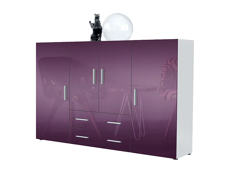 Highboard Nora Sideboard with 2 drawers and 4 doors with a total of 8 compartments behind, bianco opaco/violetto porpora lucido (166.5 x 106.5 x 35 cm)