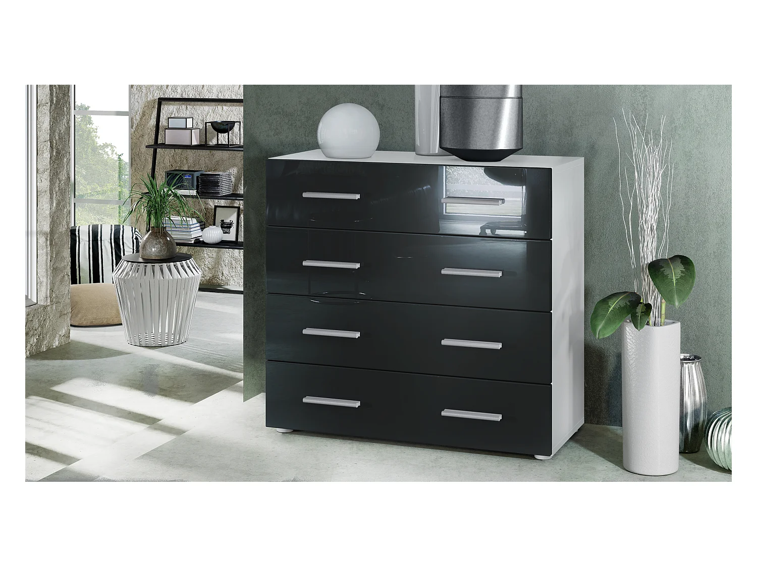 Buffet Pavos, Commode avec 4 tiroirs, blanc mat/noir haute brillance (76 x 72 x 35 cm)