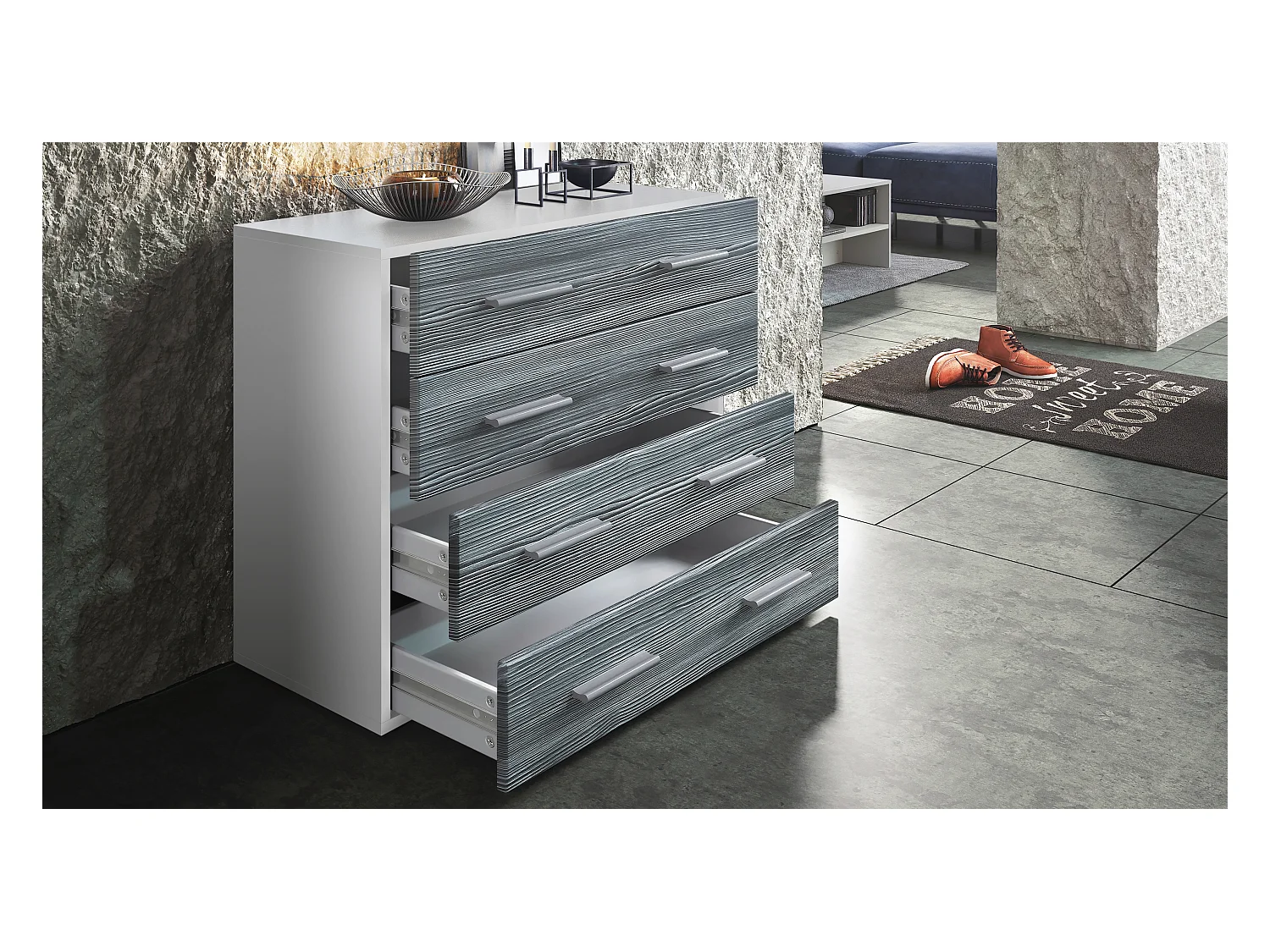 Buffet Pavos, Commode avec 4 tiroirs, blanc mat/noir haute brillance (76 x 72 x 35 cm)