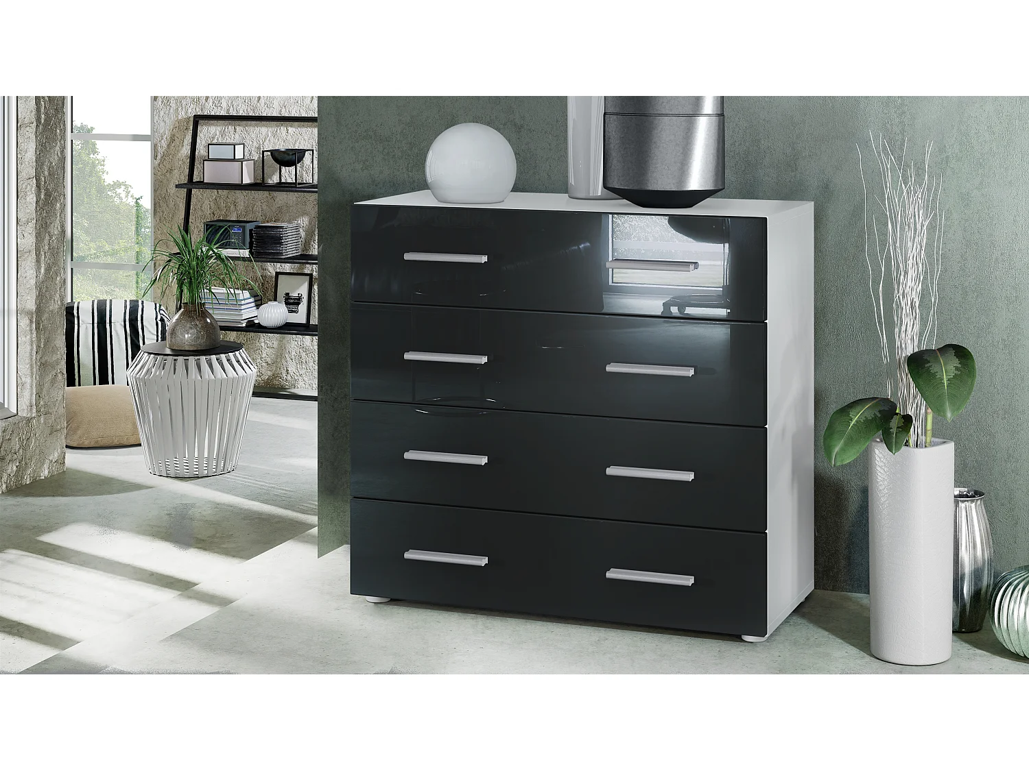 Vladon Madia Pavos, mobile con 4 cassetti, bianco opaco/nero lucido (76 x 72 x 35 cm)