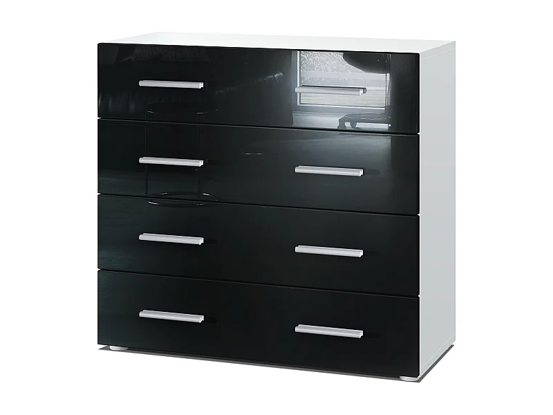 Buffet Pavos, Commode avec 4 tiroirs, blanc mat/noir haute brillance (76 x 72 x 35 cm)