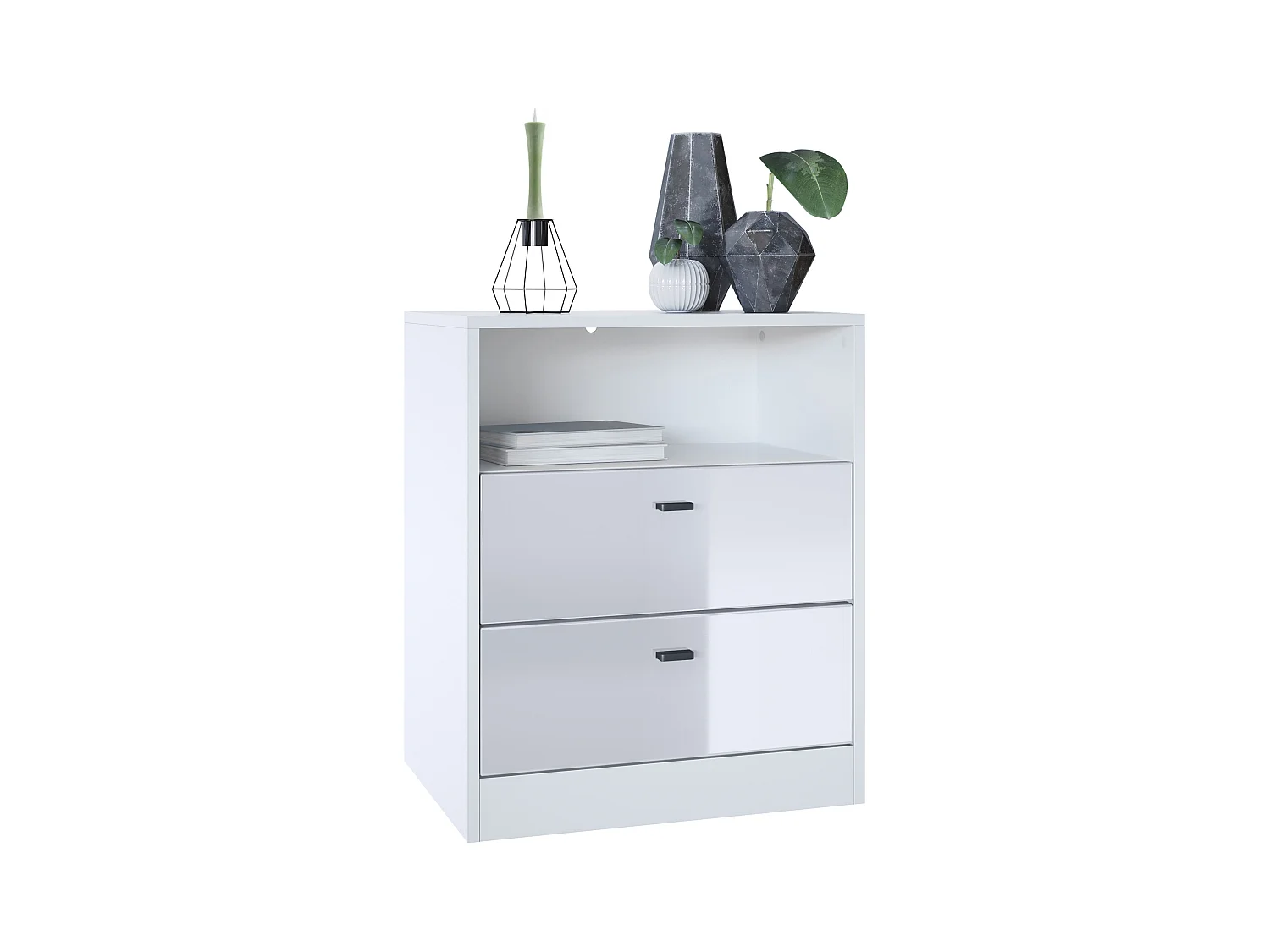 Cassettiera Pino V1, Comodino con 2 cassetti e 1 vano a giorno, Bianco opaco/Bianco lucido senza LED (56 x 67,5 x 36 cm)