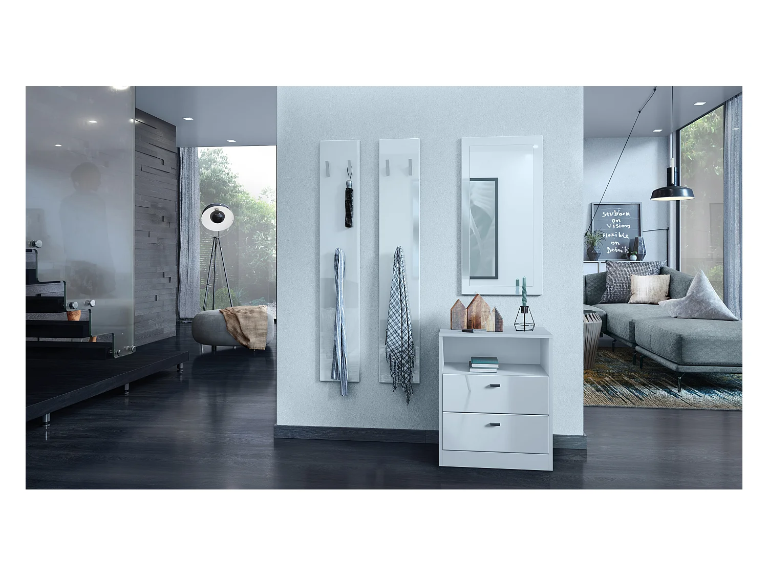 Cassettiera Pino V1, Comodino con 2 cassetti e 1 vano a giorno, Bianco opaco/Bianco lucido senza LED (56 x 67,5 x 36 cm)