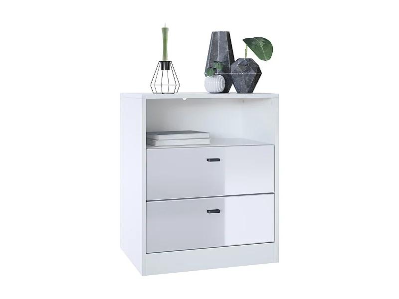 Buffet Pino V1, table de chevet avec 2 tiroirs & 1 compartiment ouvert,blanche mat/Blanc haute brillance sans LED (56 x 67,5 x 36 cm)