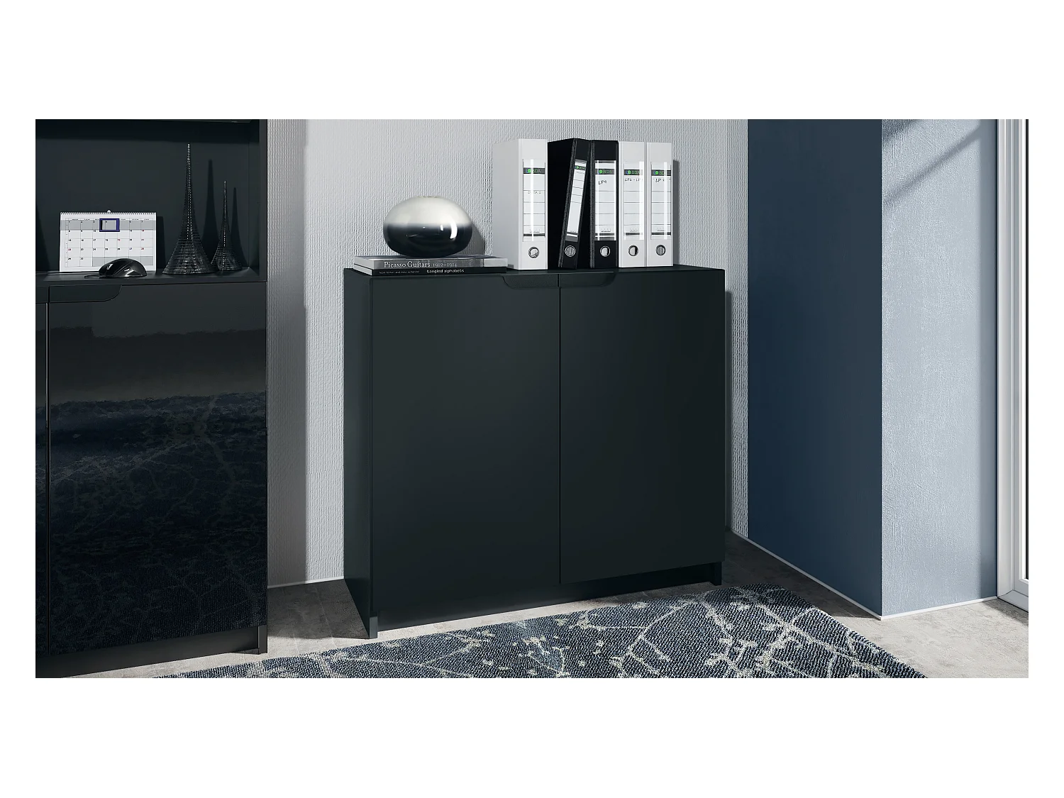 Buffet Logan, Commode avec 2 portes, noir mat/noir mat (82 x 78 x 37 cm)