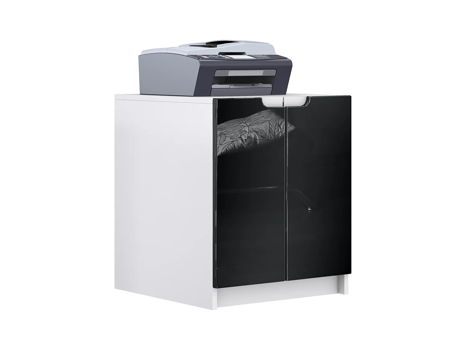 commode d'imprimante Logan, armoire à dossiers avec 2 compartiments et 2 portes, corps blanc mat, façades noir haute brillance, (51 x 60,5 x 54 cm)