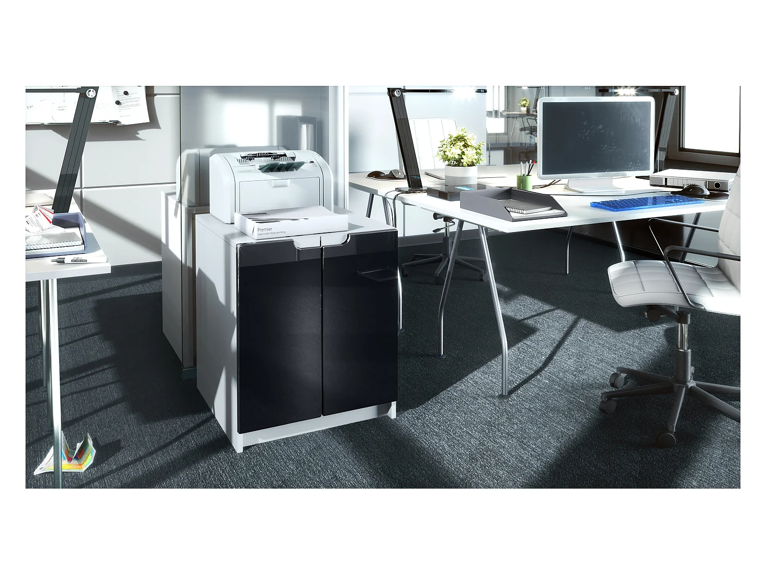 commode d'imprimante Logan, armoire à dossiers avec 2 compartiments et 2 portes, corps blanc mat, façades noir haute brillance, (51 x 60,5 x 54 cm)