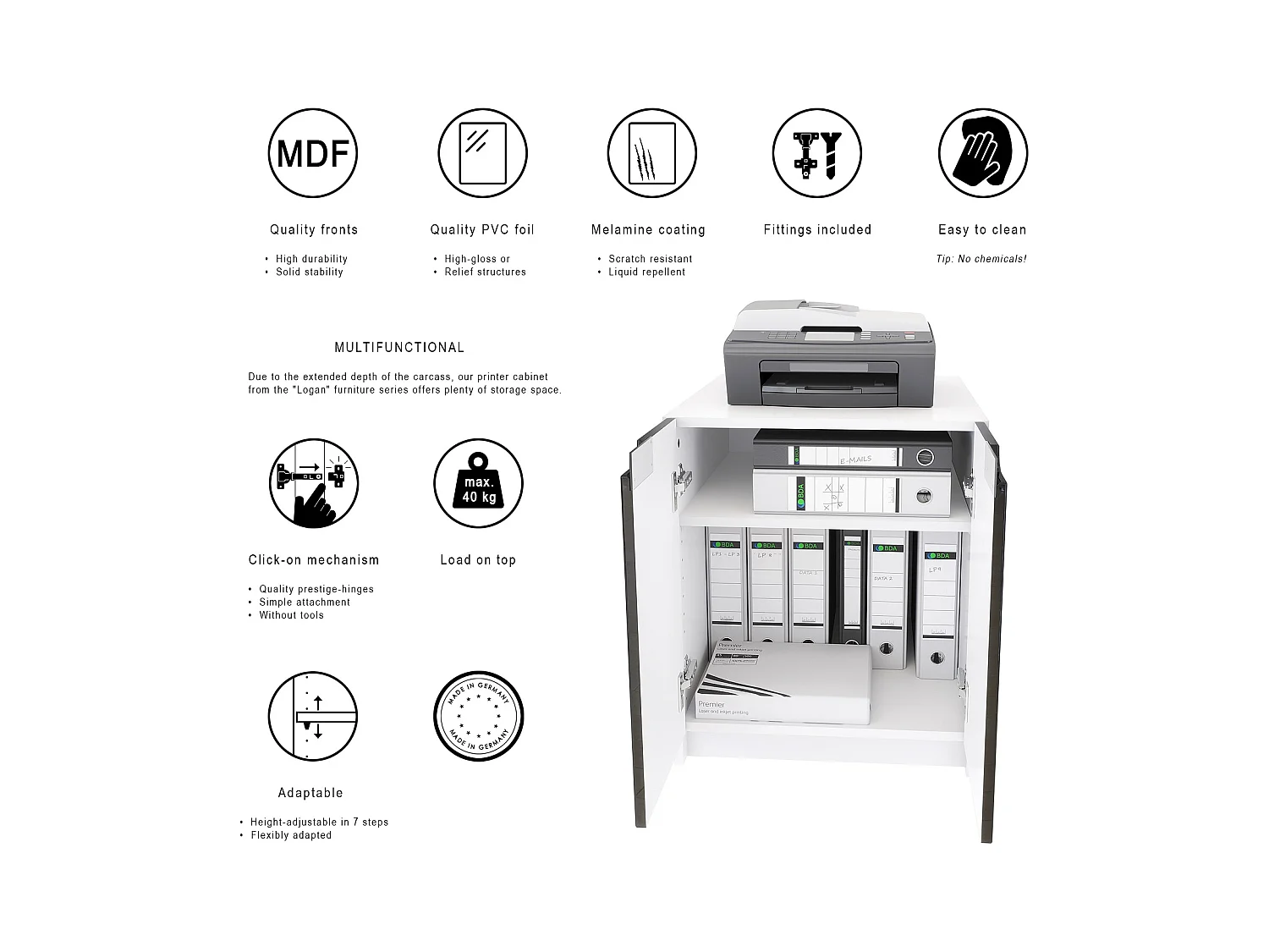 commode d'imprimante Logan, armoire à dossiers avec 2 compartiments et 2 portes, corps blanc mat, façades noir haute brillance, (51 x 60,5 x 54 cm)