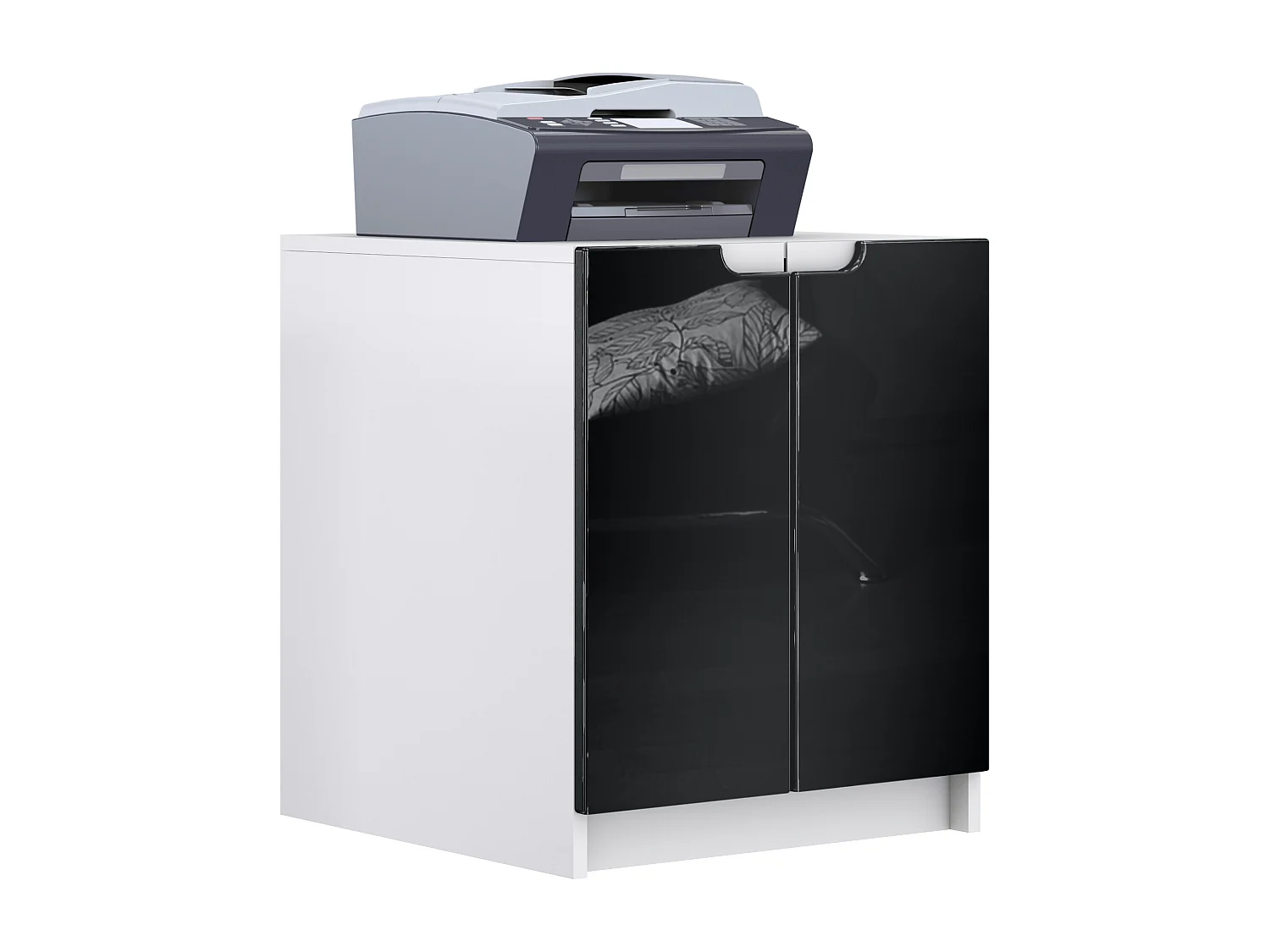 Mobiletto porta stampante Logan, armadietto schedario con 2 scomparti e 2 ante, cassa bianco opaco, frontali nero lucido, (51 x 60,5 x 54 cm)