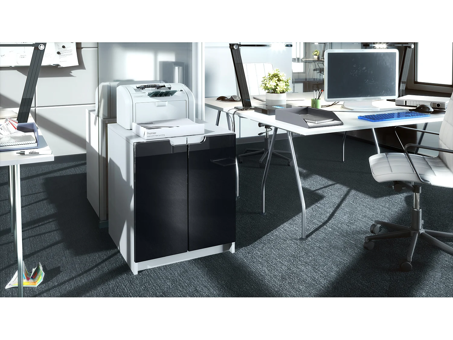 Mobiletto porta stampante Logan, armadietto schedario con 2 scomparti e 2 ante, cassa bianco opaco, frontali nero lucido, (51 x 60,5 x 54 cm)