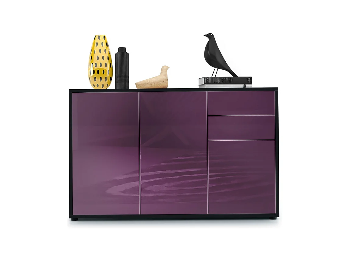 Buffet Ben V3, Commode avec 3 portes et 2 tiroirs, Noir mat/Mûre haute brillance (117 x 74 x 36 cm)