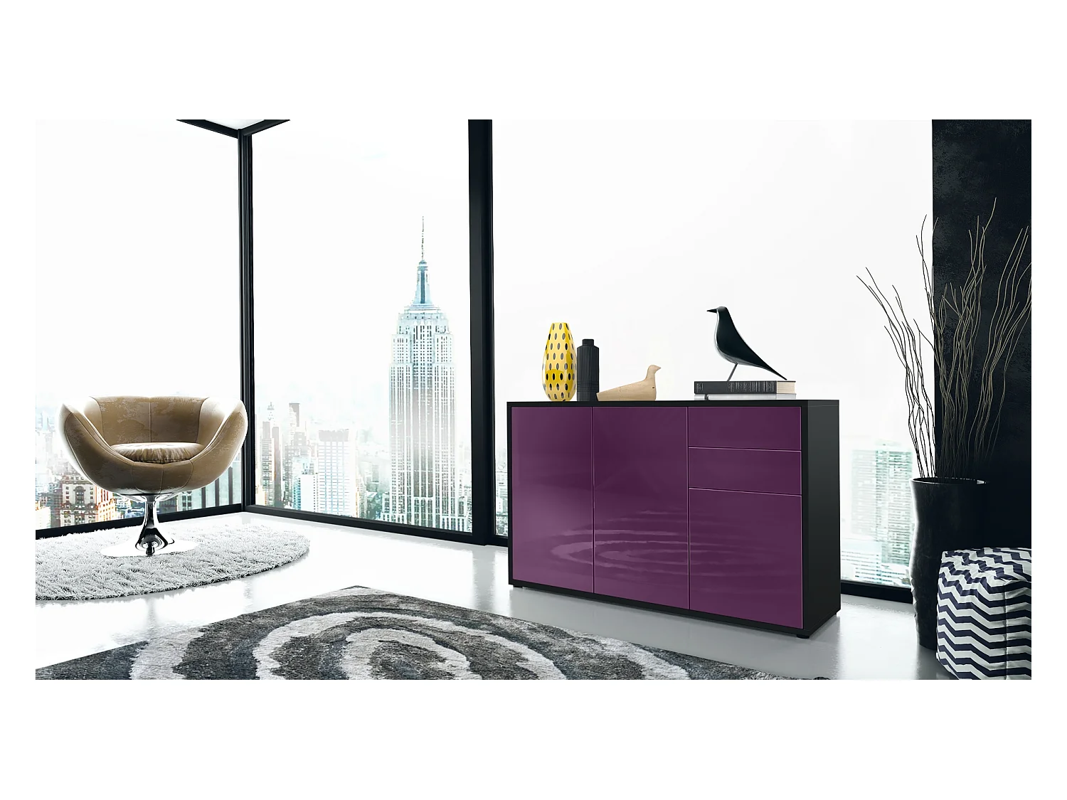 Buffet Ben V3, Commode avec 3 portes et 2 tiroirs, Noir mat/Mûre haute brillance (117 x 74 x 36 cm)