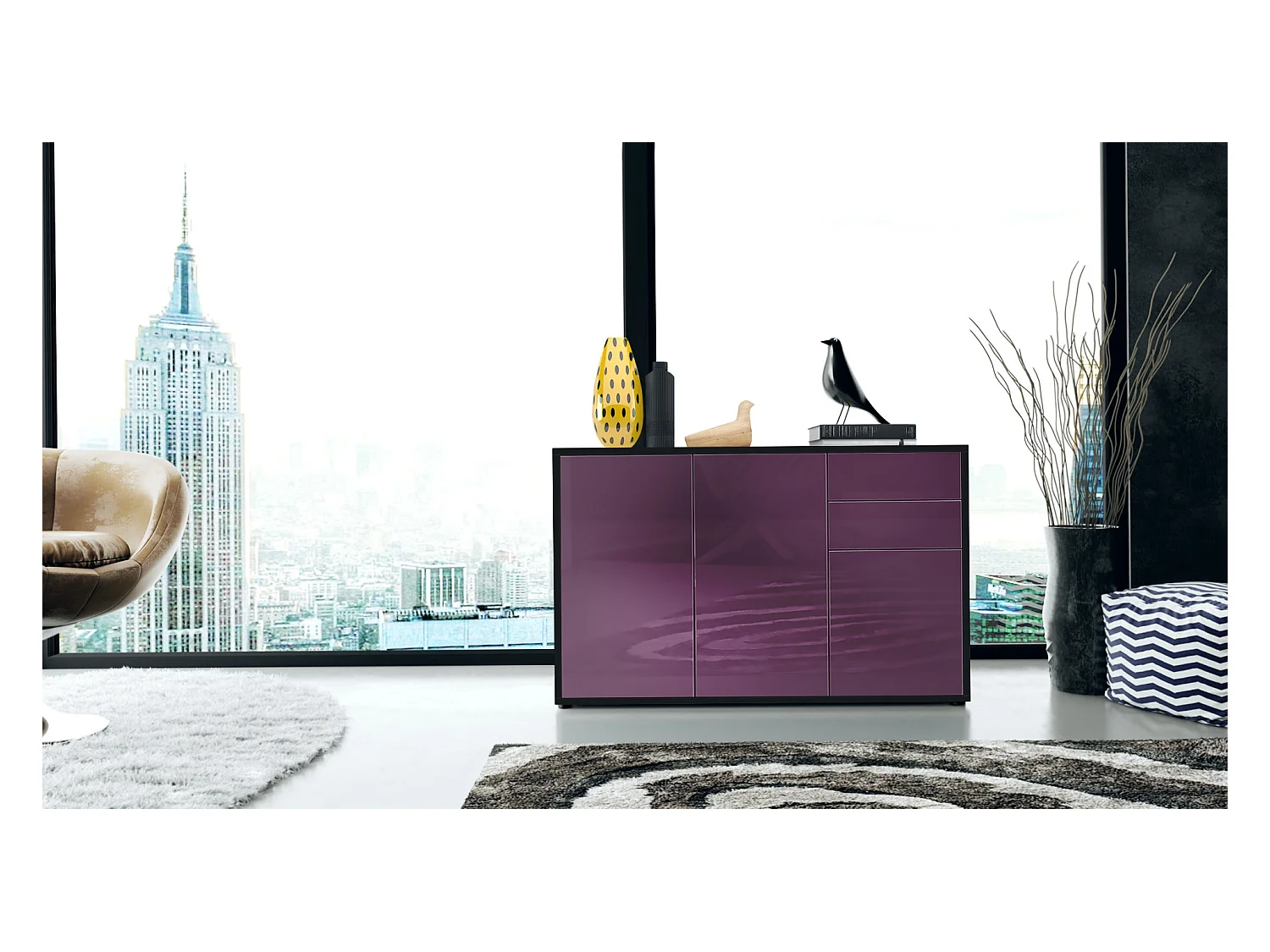 Buffet Ben V3, Commode avec 3 portes et 2 tiroirs, Noir mat/Mûre haute brillance (117 x 74 x 36 cm)