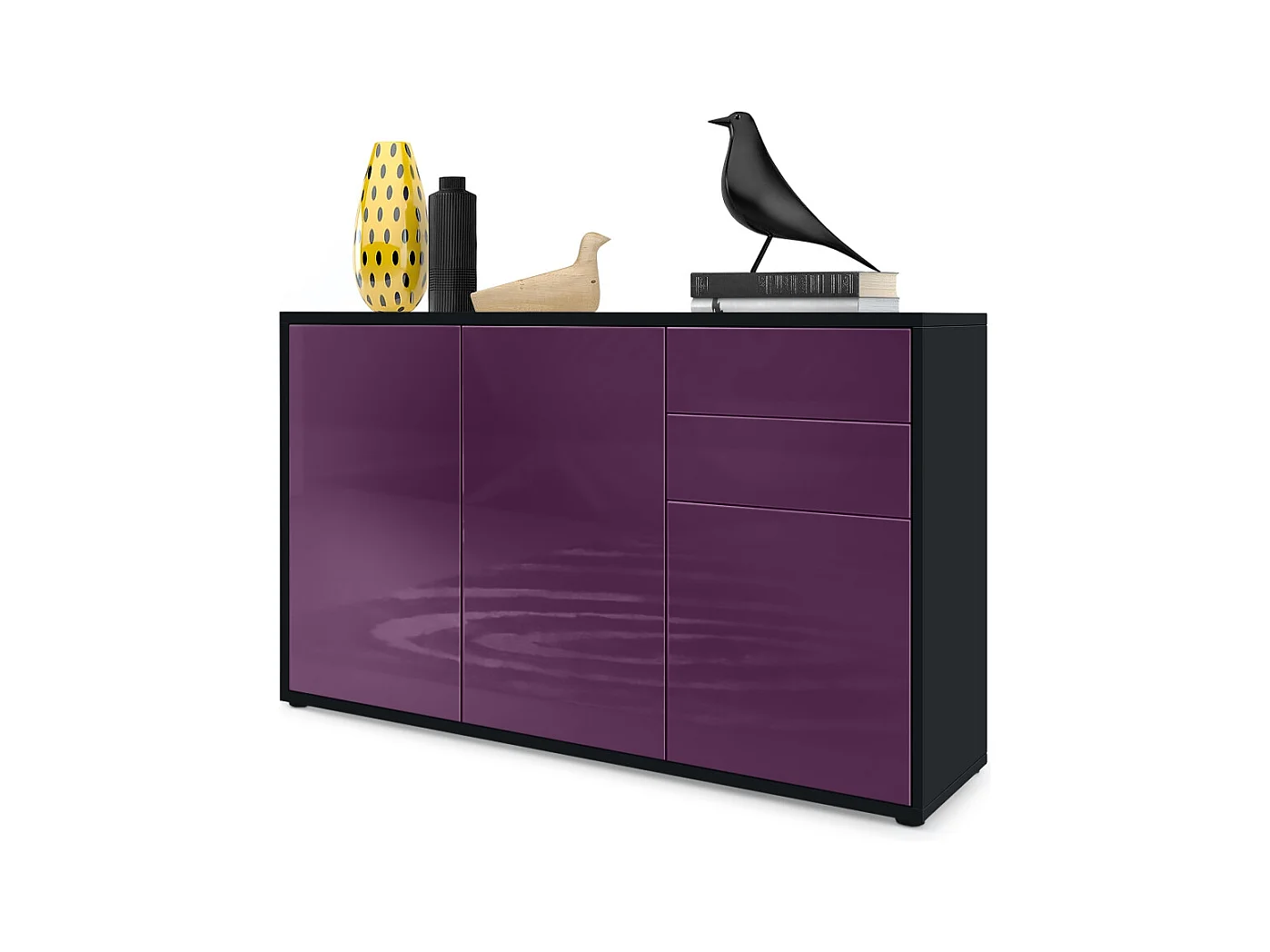 Buffet Ben V3, Commode avec 3 portes et 2 tiroirs, Noir mat/Mûre haute brillance (117 x 74 x 36 cm)