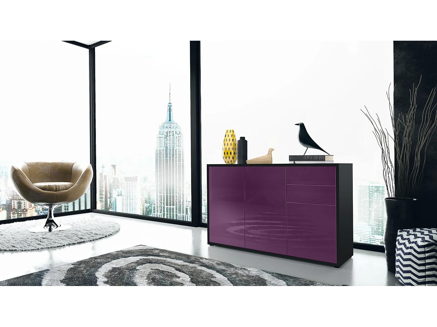 Madia  Ben V3, mobile con 3 ante e 2 cassetti, nero opaco/violetto-porpora (117 x 74 x 36 cm)