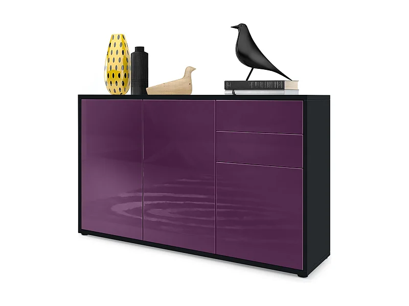 Buffet Ben V3, Commode avec 3 portes et 2 tiroirs, Noir mat/Mûre haute brillance (117 x 74 x 36 cm)