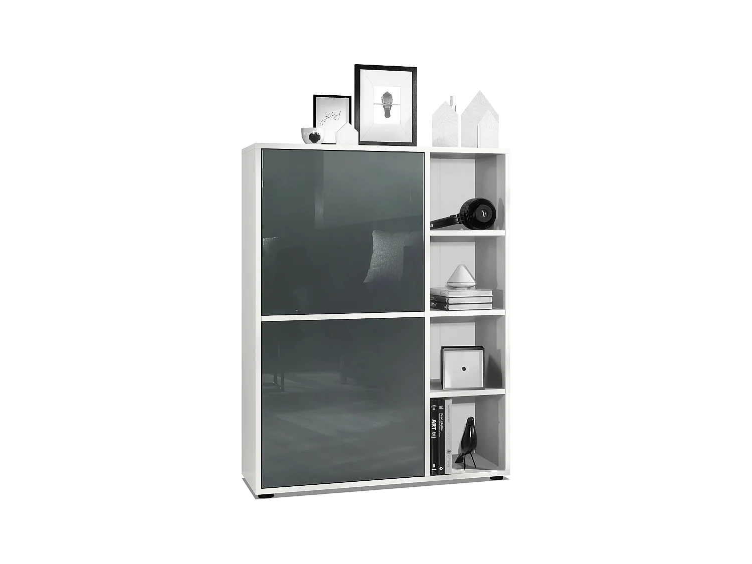 Buffet haut Cuba avec 8 compartiments, caisson en blanc mat / Façades en Gris laqué haute brillance