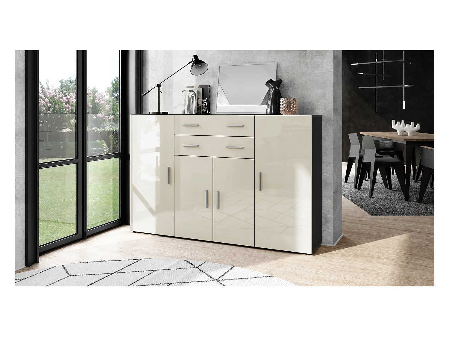 Le Buffet Haut Aron bahut avec 2 tiroirs et 4 portes avec un total de 8 compartiments derrière, anthracite mat/crème haute brillance (166,5 x 106,5 x 35 cm)