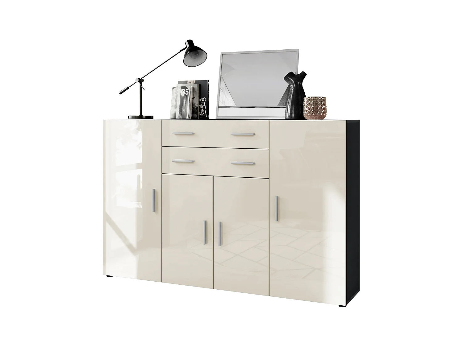Le Buffet Haut Aron bahut avec 2 tiroirs et 4 portes avec un total de 8 compartiments derrière, anthracite mat/crème haute brillance (166,5 x 106,5 x 35 cm)