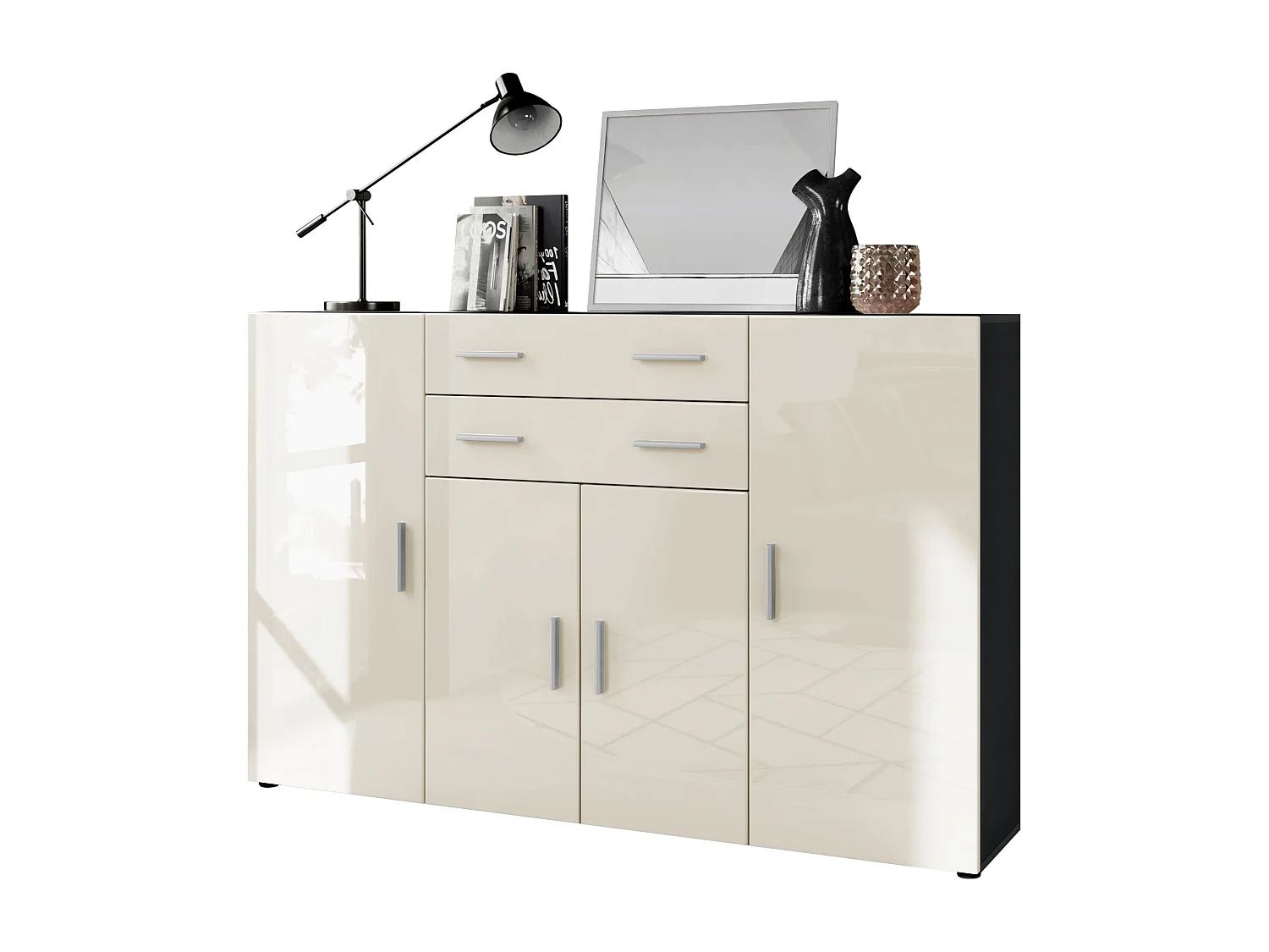 Highboard Aron Sideboard with 2 drawers and 4 doors with a total of 8 compartments behind, antracite opaco /beige lucido (166.5 x 106.5 x 35 cm)