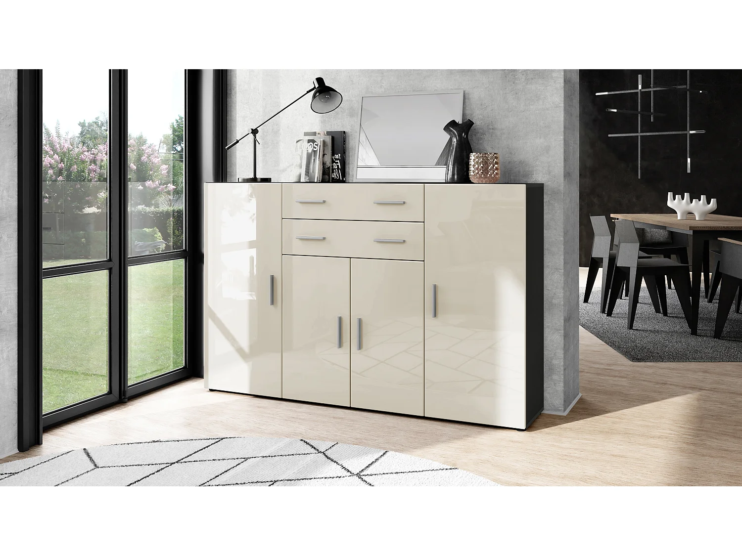 Highboard Aron Sideboard with 2 drawers and 4 doors with a total of 8 compartments behind, antracite opaco /beige lucido (166.5 x 106.5 x 35 cm)