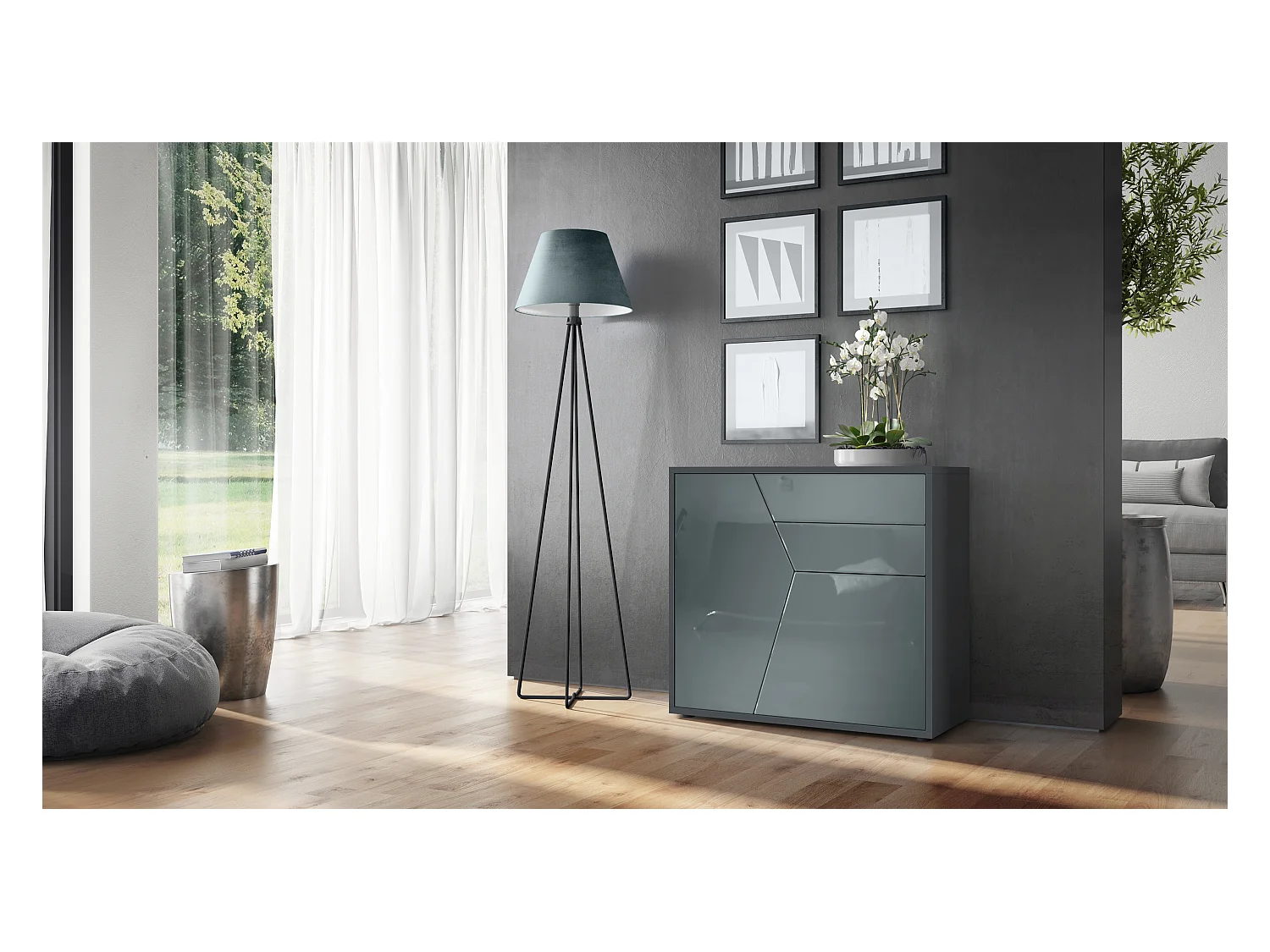 Buffet Benny, Commode avec 2 portes et 2 tiroirs, Noir mat/Gris haute brillance (79 x 74 x 36 cm)