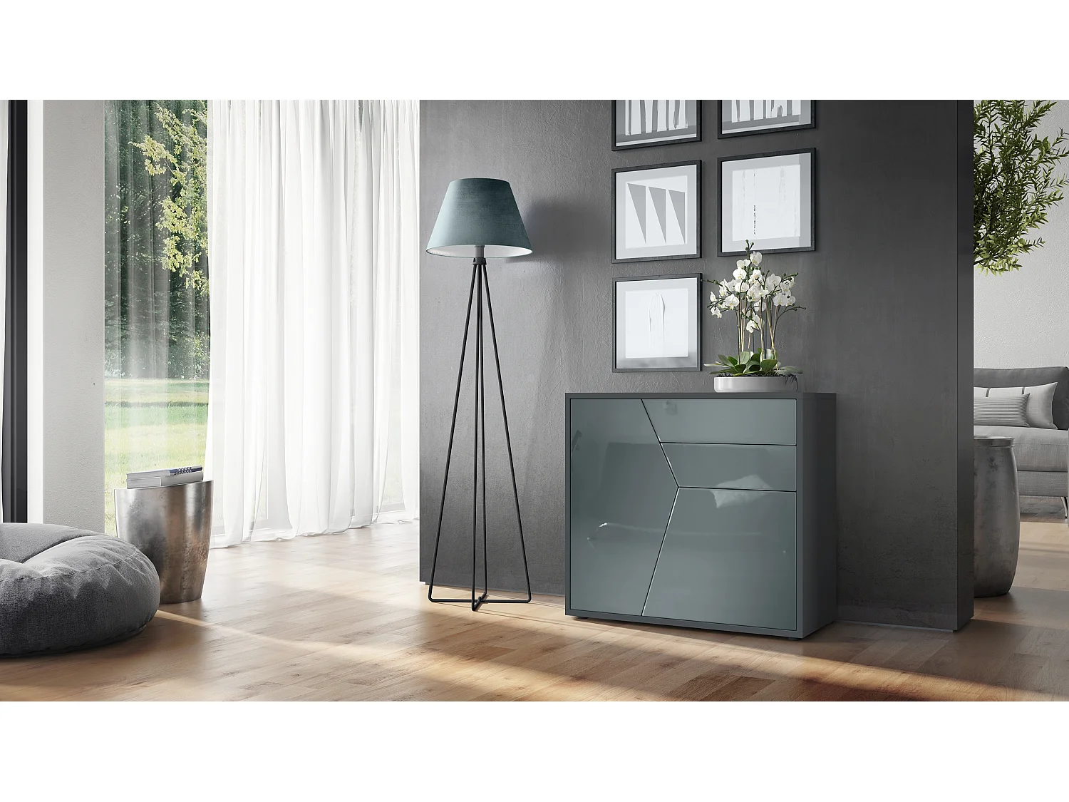 Buffet Benny, Commode avec 2 portes et 2 tiroirs, Noir mat/Gris haute brillance (79 x 74 x 36 cm)