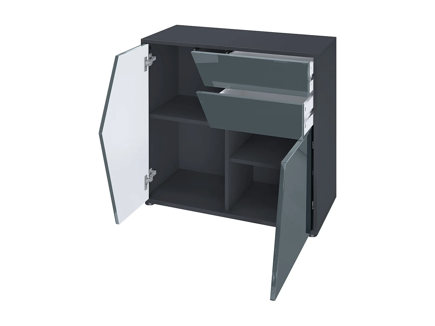 Buffet Benny, Commode avec 2 portes et 2 tiroirs, Noir mat/Gris haute brillance (79 x 74 x 36 cm)