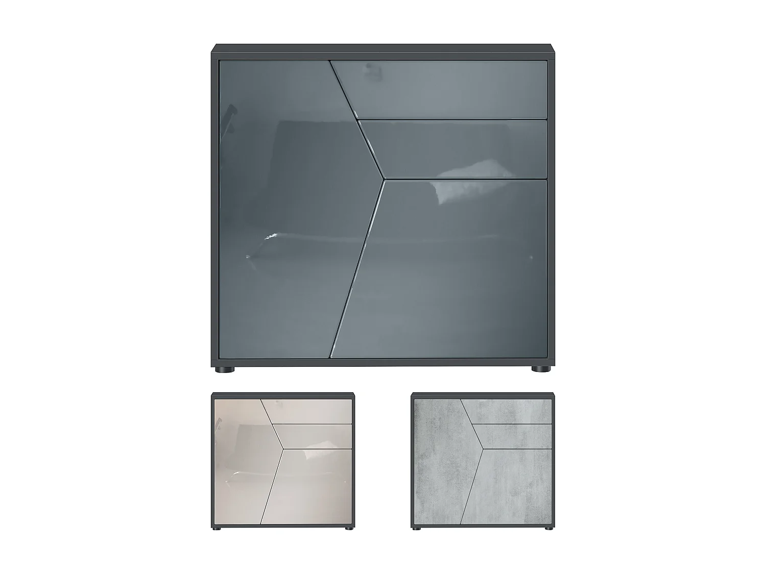 Buffet Benny, Commode avec 2 portes et 2 tiroirs, Noir mat/Gris haute brillance (79 x 74 x 36 cm)