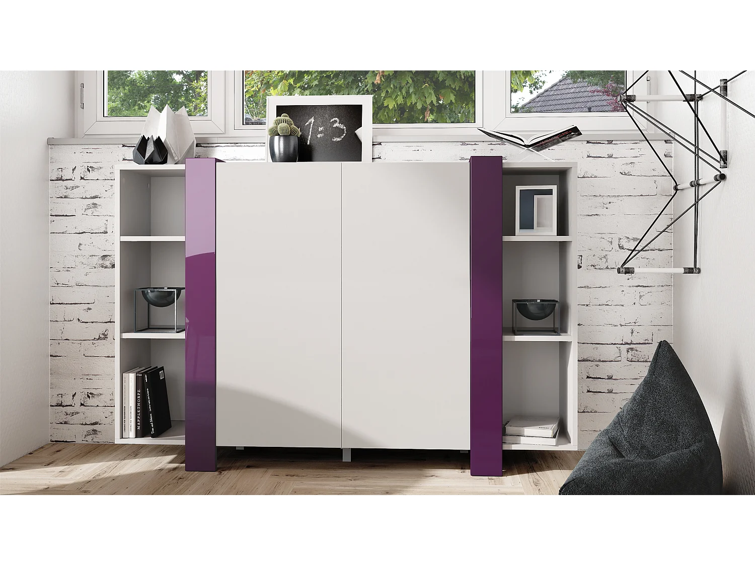 meuble haut Ida V2, Buffet avec 12 compartiments, caisson en blanc mat, bandeaux en mûre haute brillance, (149 x 101 x 34 cm) | Grand choix de couleurs