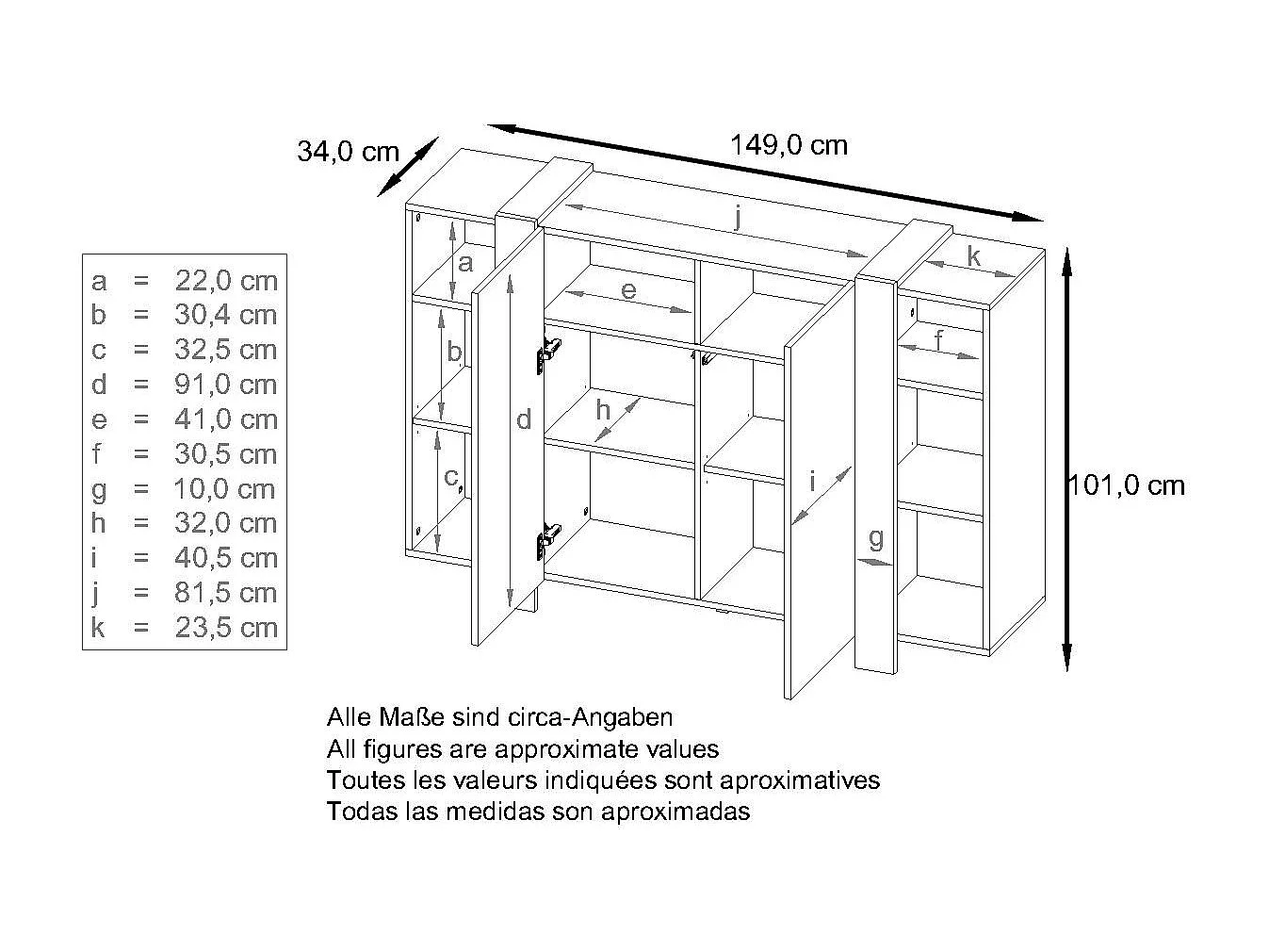 meuble haut Ida V2, Buffet avec 12 compartiments, caisson en blanc mat, bandeaux en mûre haute brillance, (149 x 101 x 34 cm) | Grand choix de couleurs
