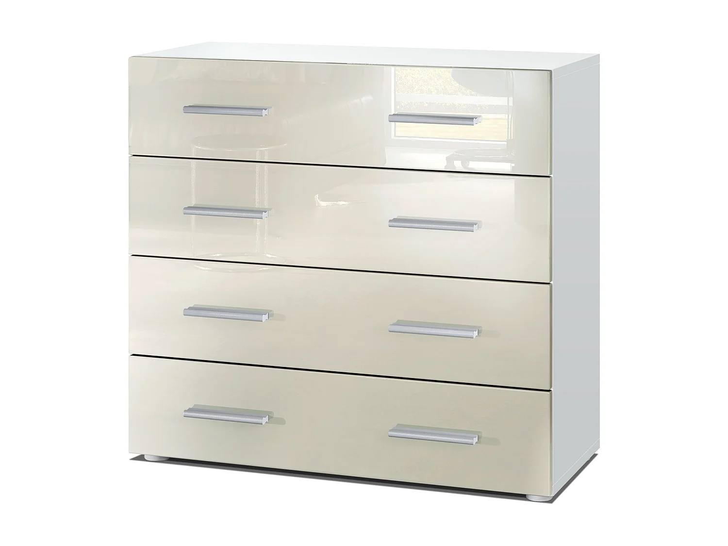 Buffet Pavos, Commode avec 4 tiroirs, blanc mat/crème haute brillance (76 x 72 x 35 cm)