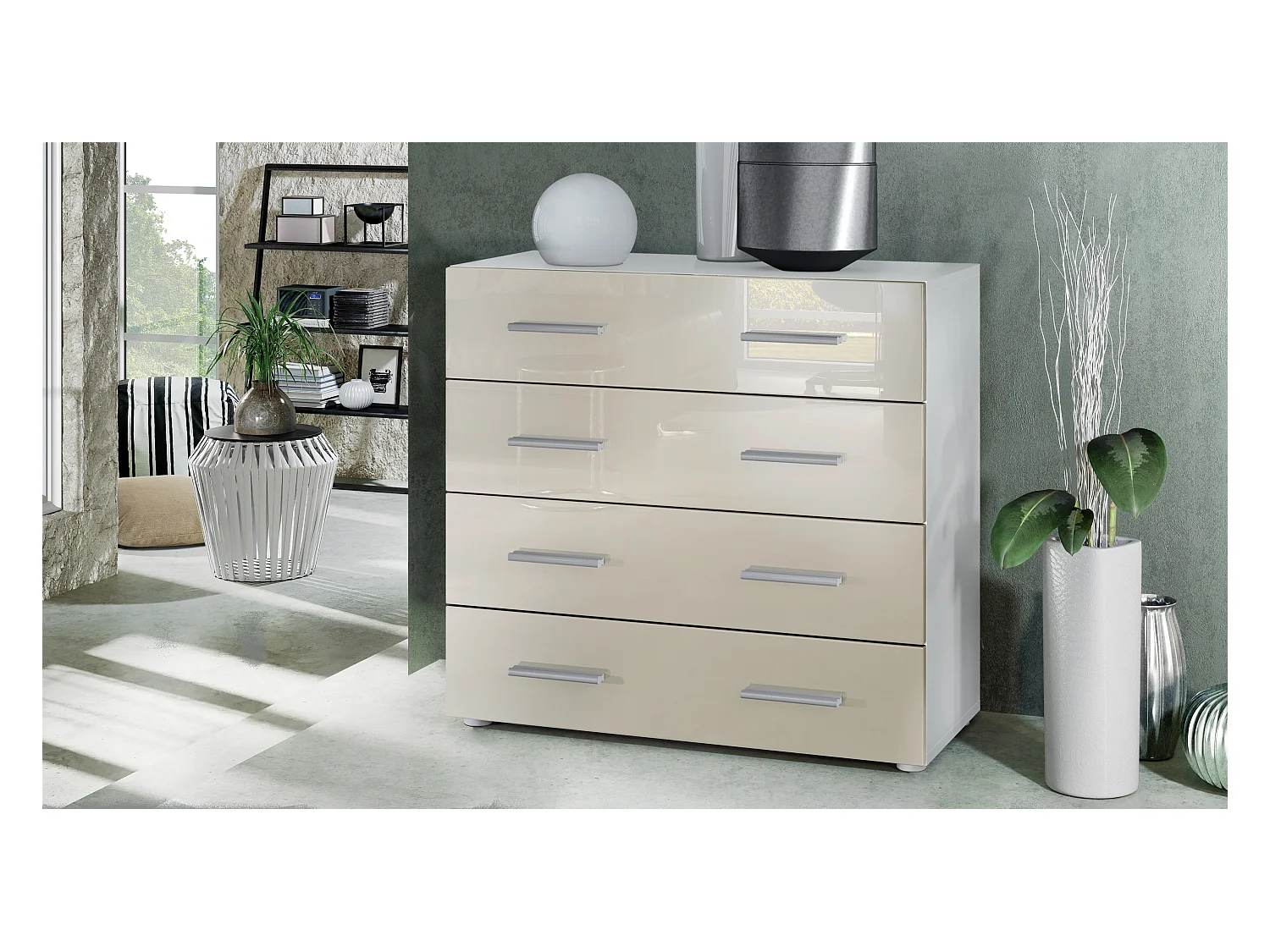 Buffet Pavos, Commode avec 4 tiroirs, blanc mat/crème haute brillance (76 x 72 x 35 cm)