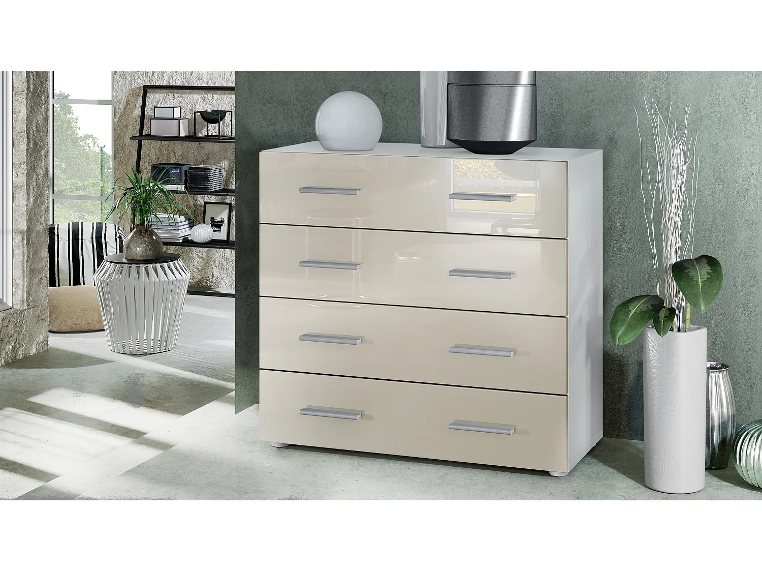 Vladon Madia Pavos, mobile con 4 cassetti, bianco opaco/beige lucido (76 x 72 x 35 cm)