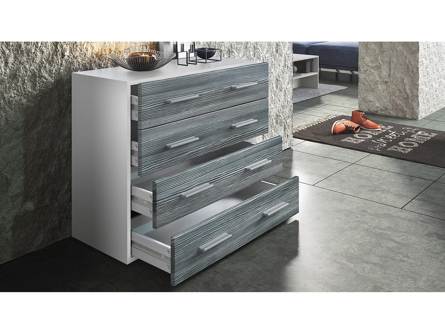 Vladon Madia Pavos, mobile con 4 cassetti, bianco opaco/beige lucido (76 x 72 x 35 cm)