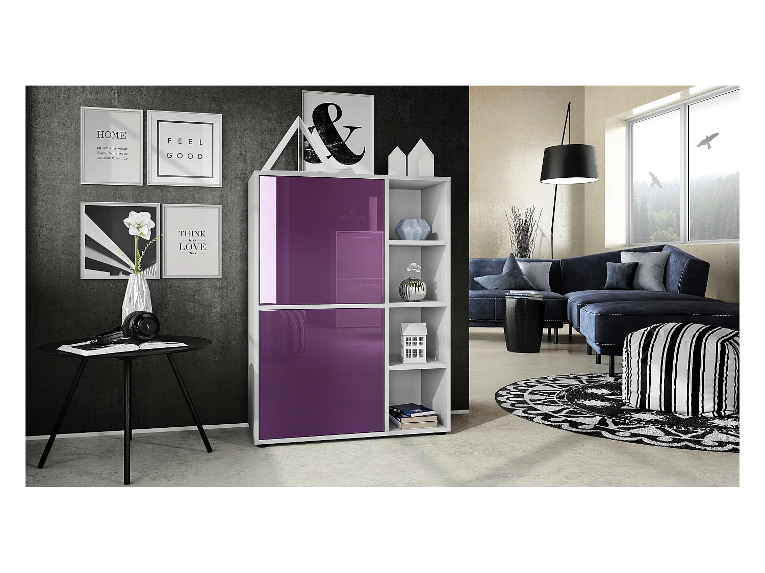 Buffet haut Cuba avec 8 compartiments, caisson en blanc mat / Façades en Mûre laqué haute brillance