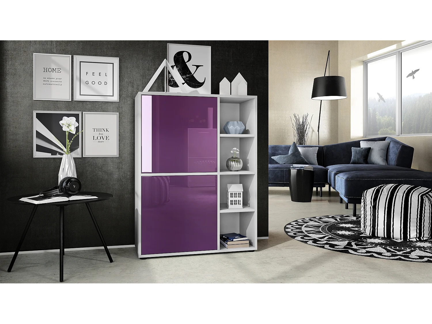 Credenza  Cuba 79 x 105,5 x 35,5 cm Credenza con 8 ripiani, Struttura in bianco opaco / Ante in violetto-porpora lucido